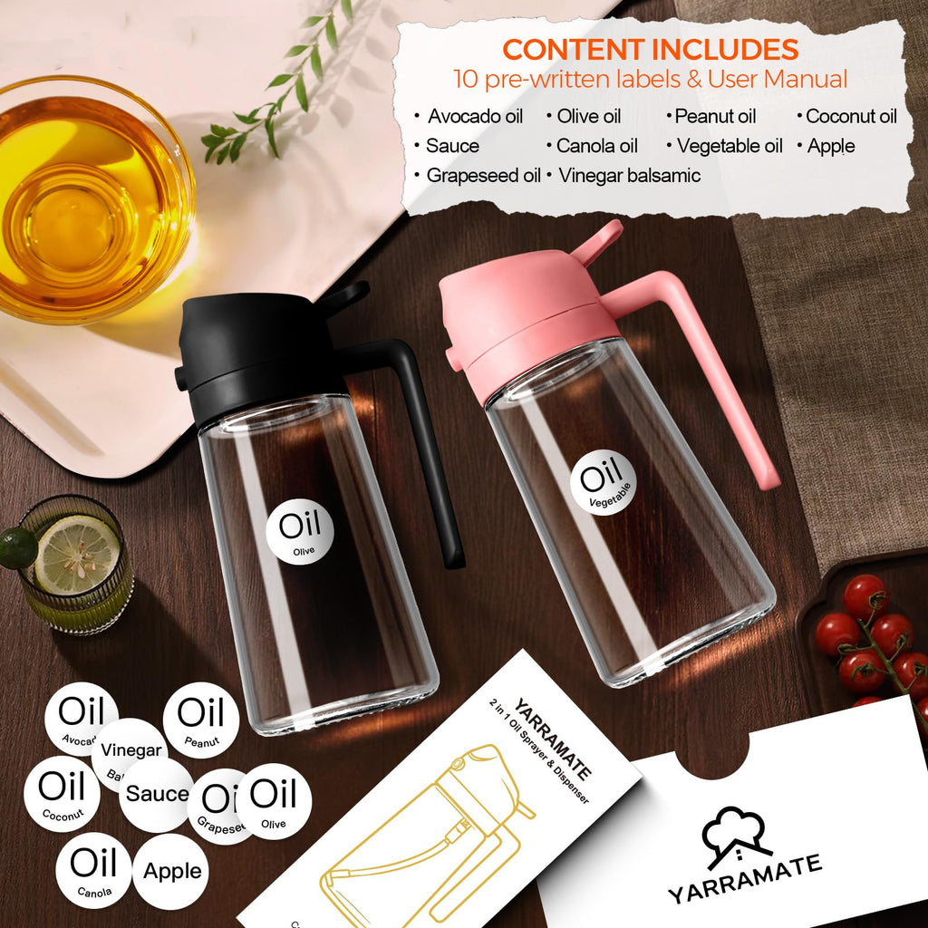 YARRAMATE 16oz/470ml Glass Olive Oil Sprayer for Cooking with Stickers, 2 in 1 Oil Dispenser for Kitchen Gadgets, Food Grade Premium Spray Bottle with Portion Control for Salad, Frying, BBQ (Black)