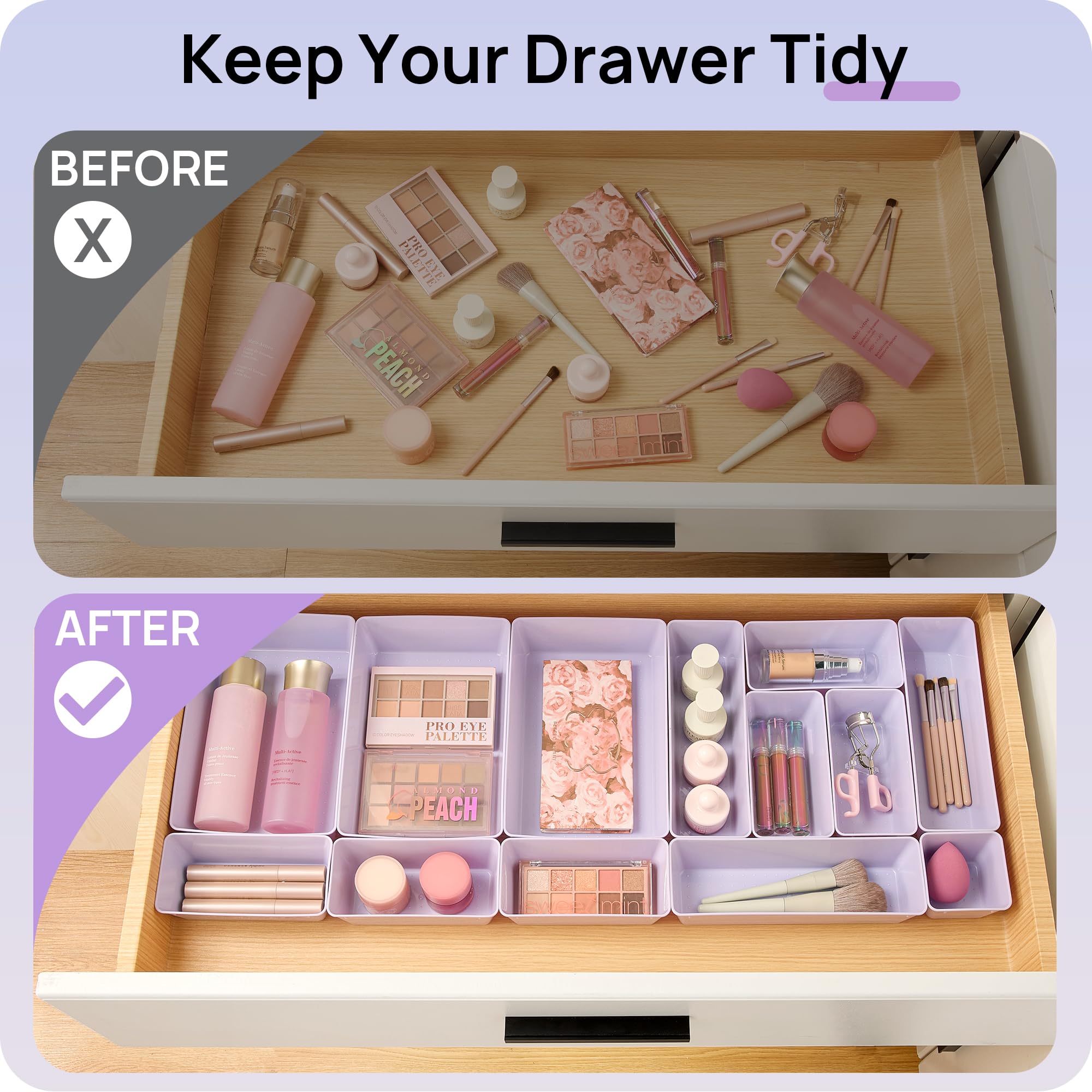 Vtopmart 25 PCS Clear Plastic Drawer Organizers Set, 4-Size Versatile Bathroom and Vanity Drawer Organizer Trays, Storage Bins for Makeup, Bedroom, Kitchen Gadgets Utensils and Office