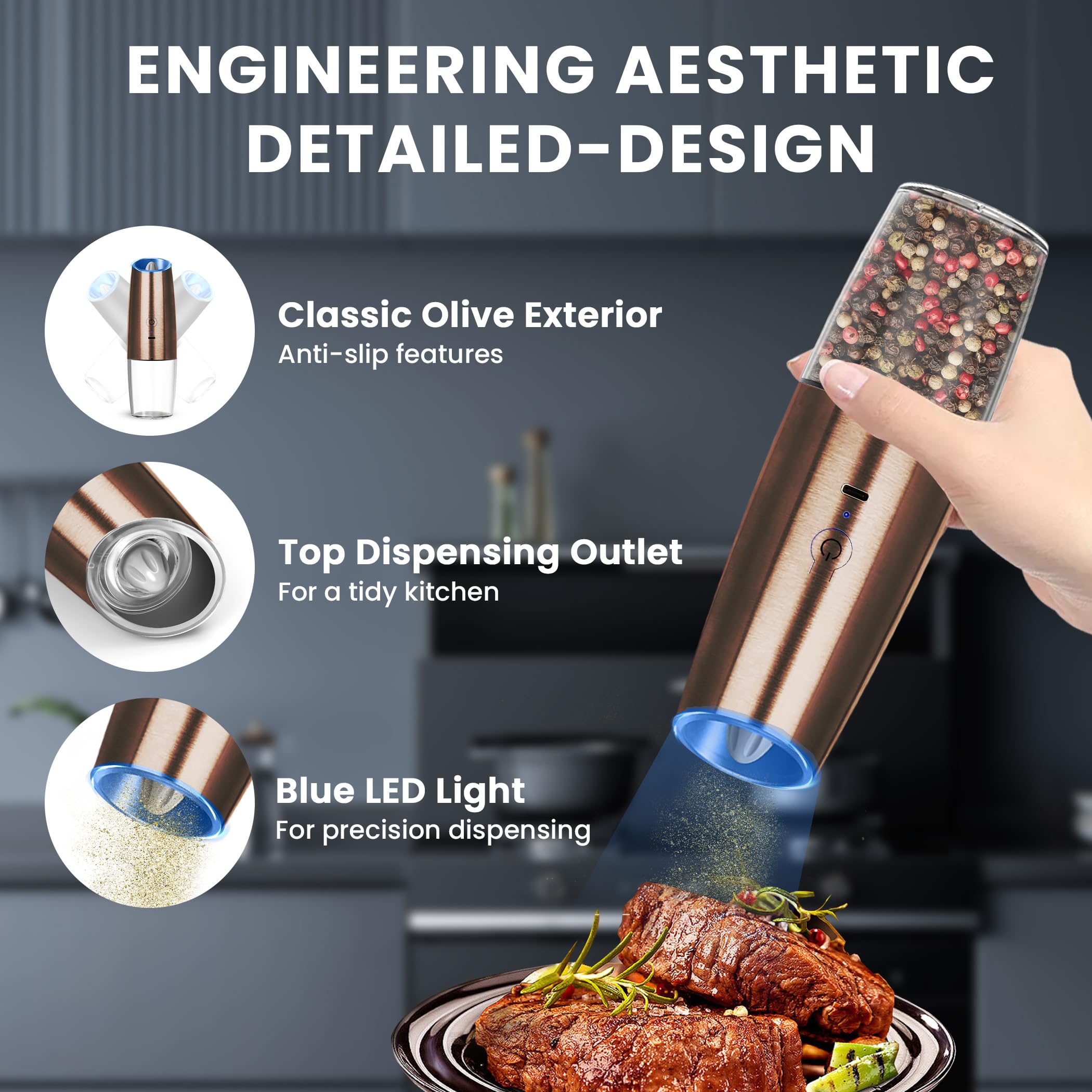 UNNEES Gravity Electric Salt and Pepper Grinder set of 2, Automatic Salt And Pepper Grinder Set, Adjustable Roughness, Battery Powered, LED Light, 2 Pack, (Black)