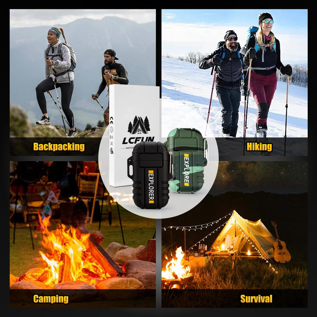 LcFun Electric Dual Arc Lighter USB Rechargeable Outdoor Windproof Flameless Plasma Lighters for Camping, Hiking, Waterproof Matches Survival Tactical Gear Birthday Gifts for Men
