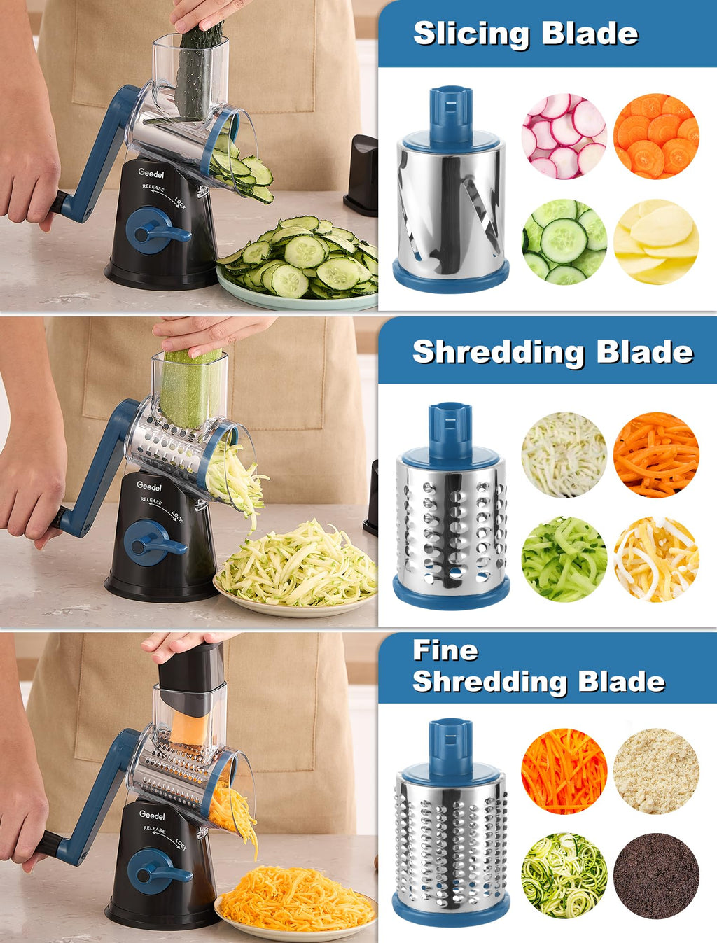 Geedel Rotary Cheese Grater, Kitchen Mandoline Vegetable Slicer with 3 Interchangeable Blades, Easy to Clean Grater for Fruit, Vegetables, Nuts