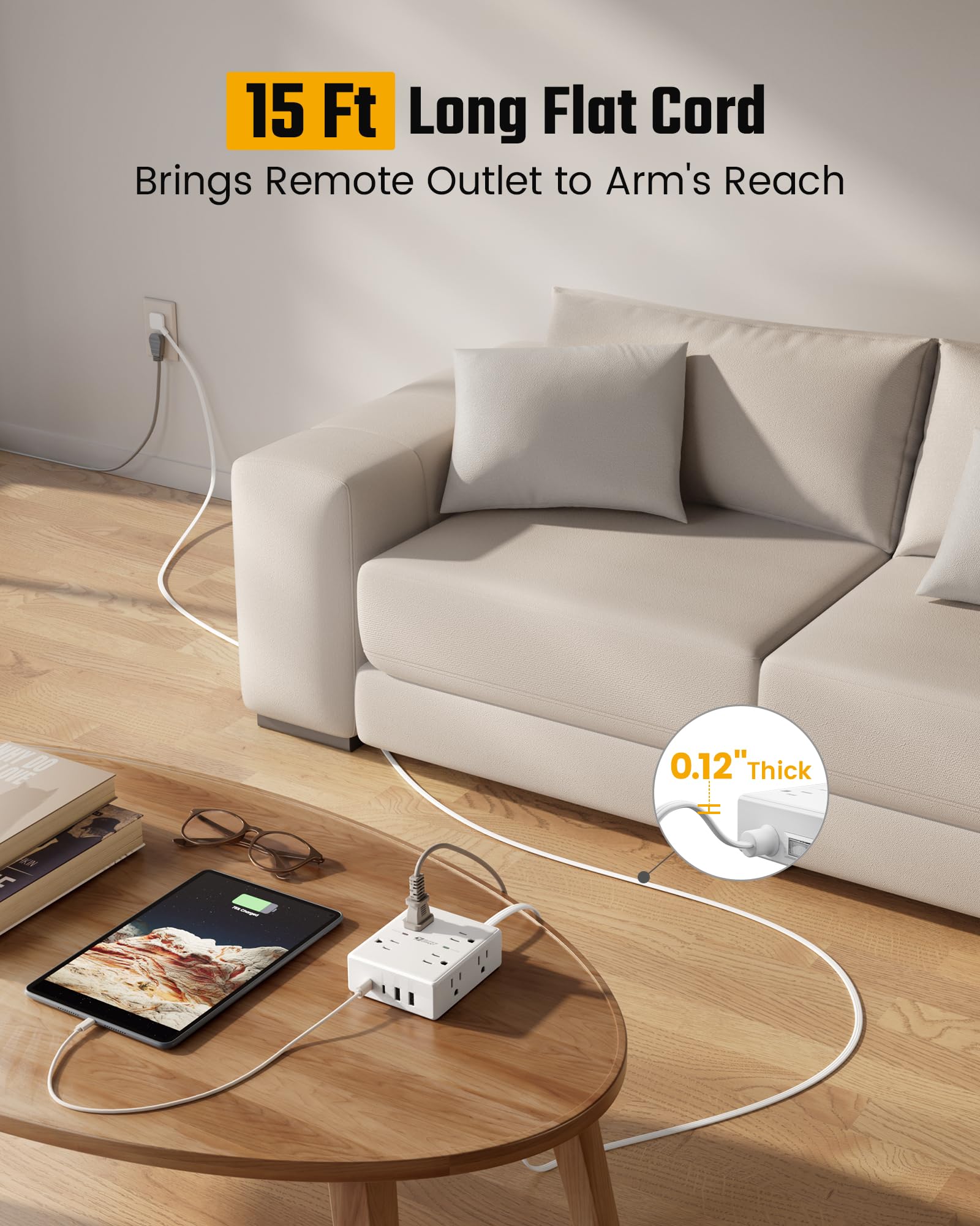 10Ft Extension Cord with Multiple Outlets, Flat Plug Surge Protector Power Strip 10 Ft Long Cord, 8 Outlets & 4 USB Ports (2 USB C), Desk Charging Station for Home Office, College Dorm Room Essentials