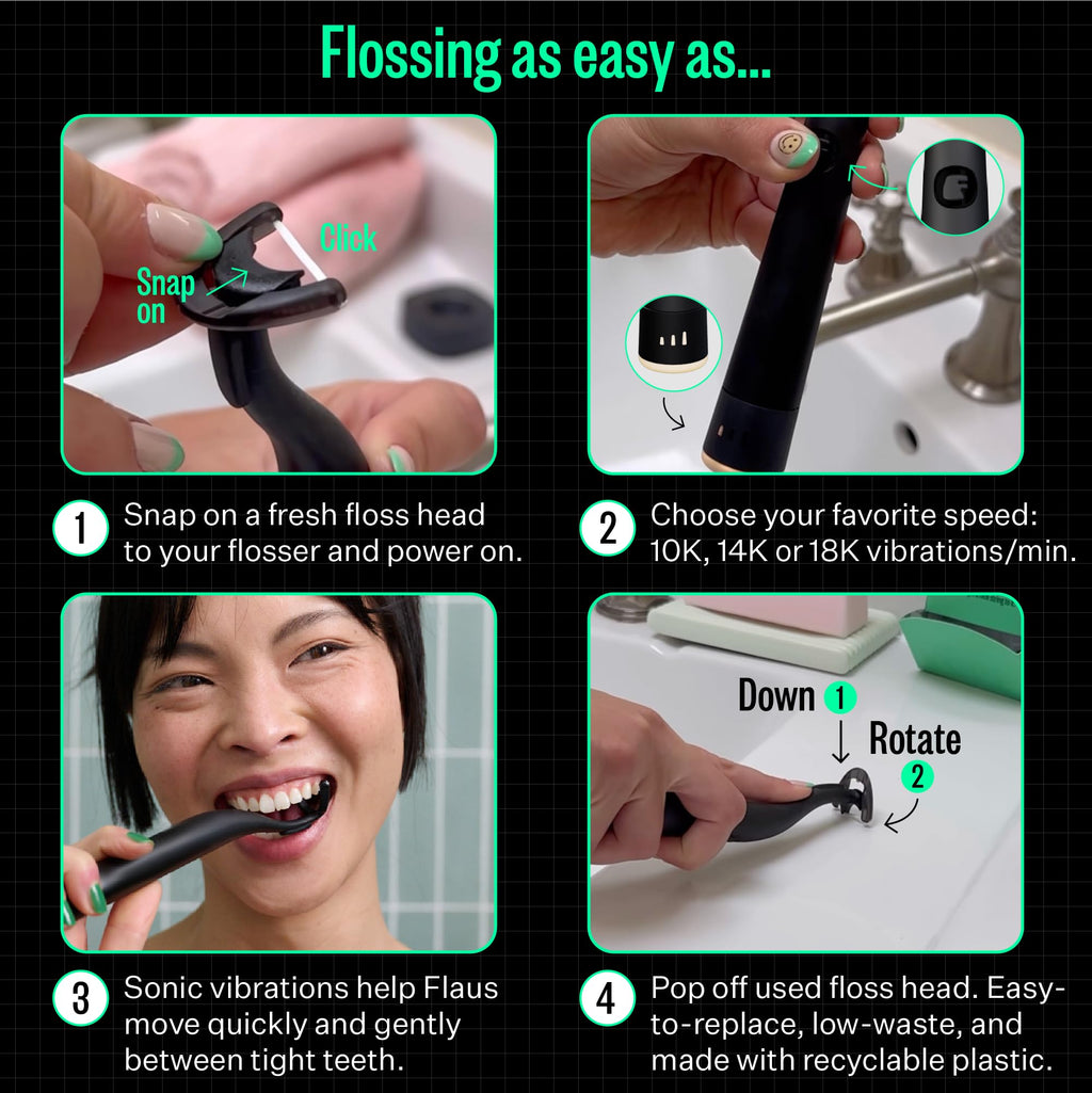 FLAUS Electric Flosser (Gentle Glide) - Shark Tank + Oprah's List - Water Floss Alternative - Dental Plaque Remover for Adults - Easy Vibration Power Flossing - Safe Portable Gum + Teeth Cleaning Tool