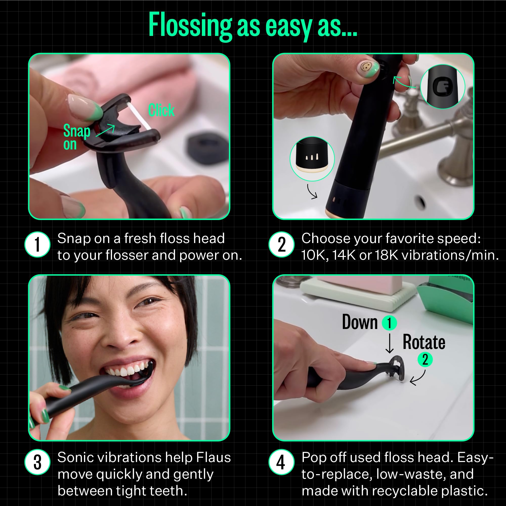 FLAUS Electric Flosser (Gentle Glide) - Shark Tank + Oprah's List - Water Floss Alternative - Dental Plaque Remover for Adults - Easy Vibration Power Flossing - Safe Portable Gum + Teeth Cleaning Tool