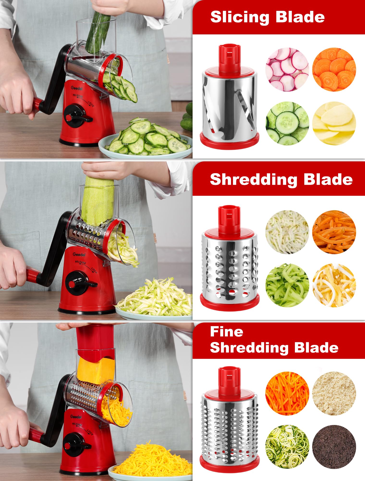 Geedel Rotary Cheese Grater, Kitchen Mandoline Vegetable Slicer with 3 Interchangeable Blades, Easy to Clean Grater for Fruit, Vegetables, Nuts