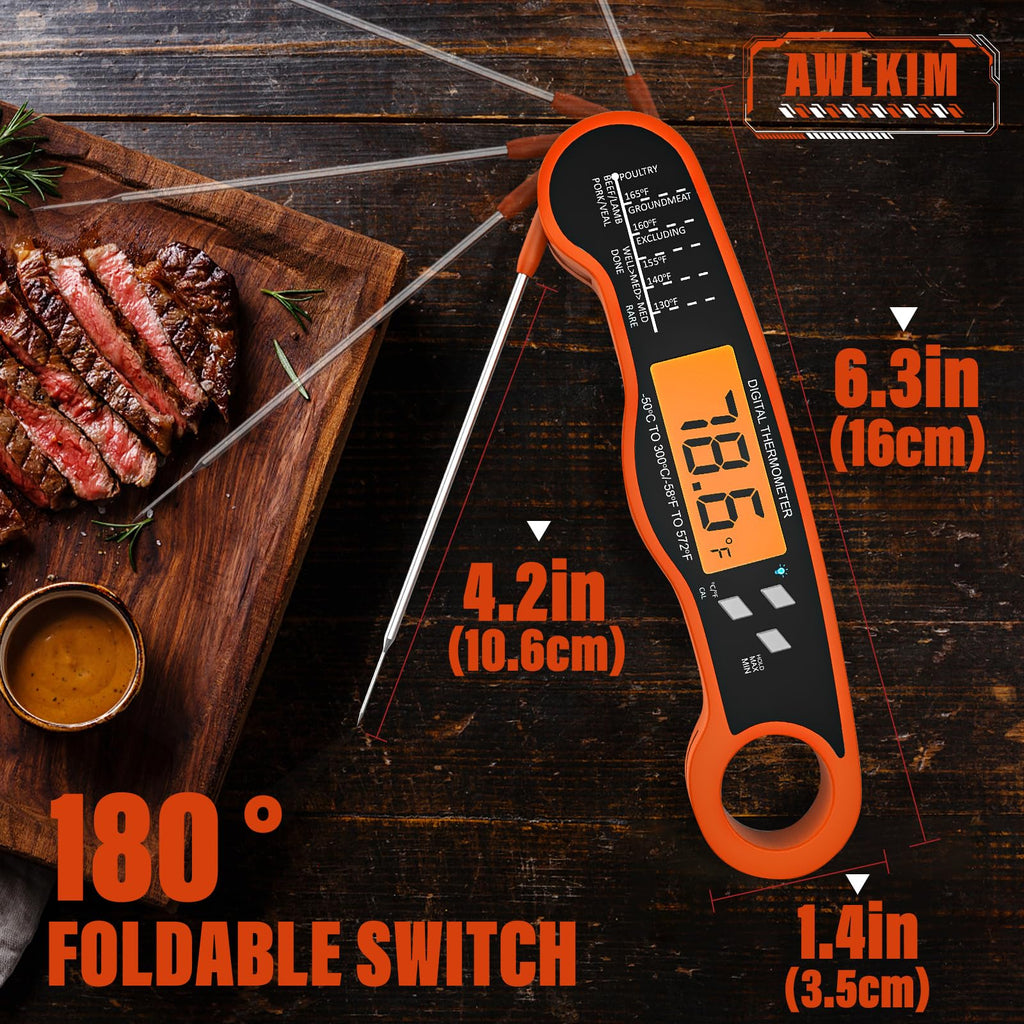AWLKIM Meat Thermometer Digital - Instant Read Waterproof Food Thermometer with Backlight for Cooking, Grill, Candy, Kitchen & Stocking Stuffers for Men - Red
