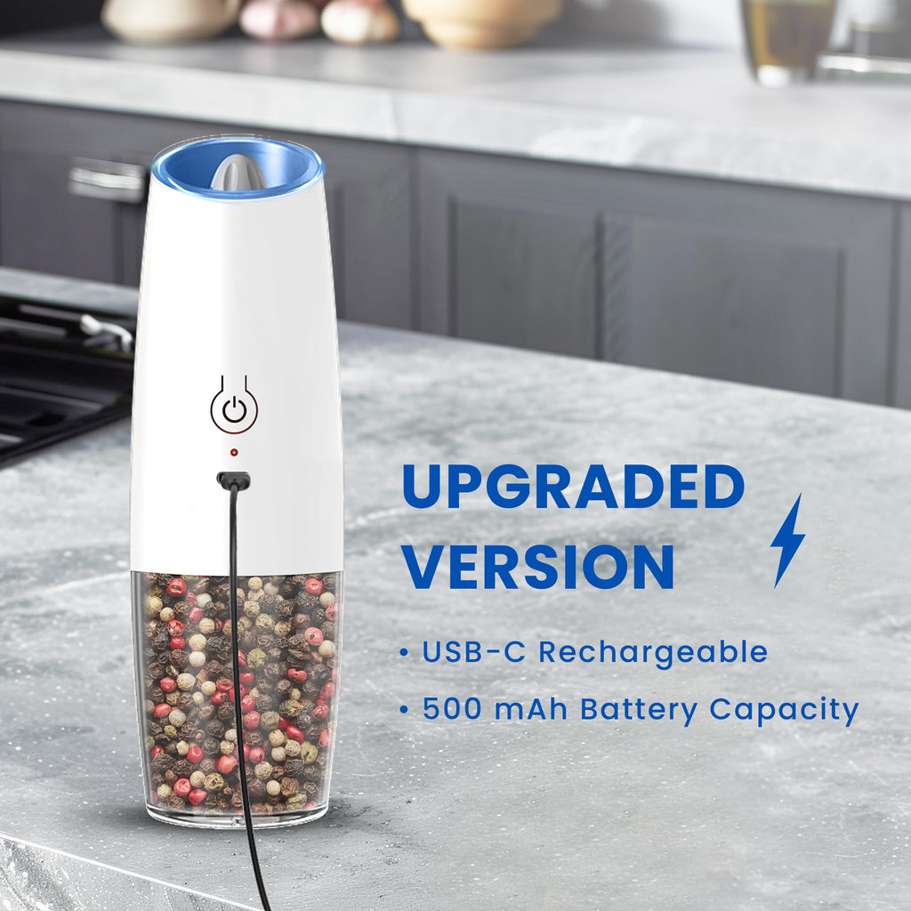 UNNEES Gravity Electric Salt and Pepper Grinder set of 2, Automatic Salt And Pepper Grinder Set, Adjustable Roughness, Battery Powered, LED Light, 2 Pack, (Black)