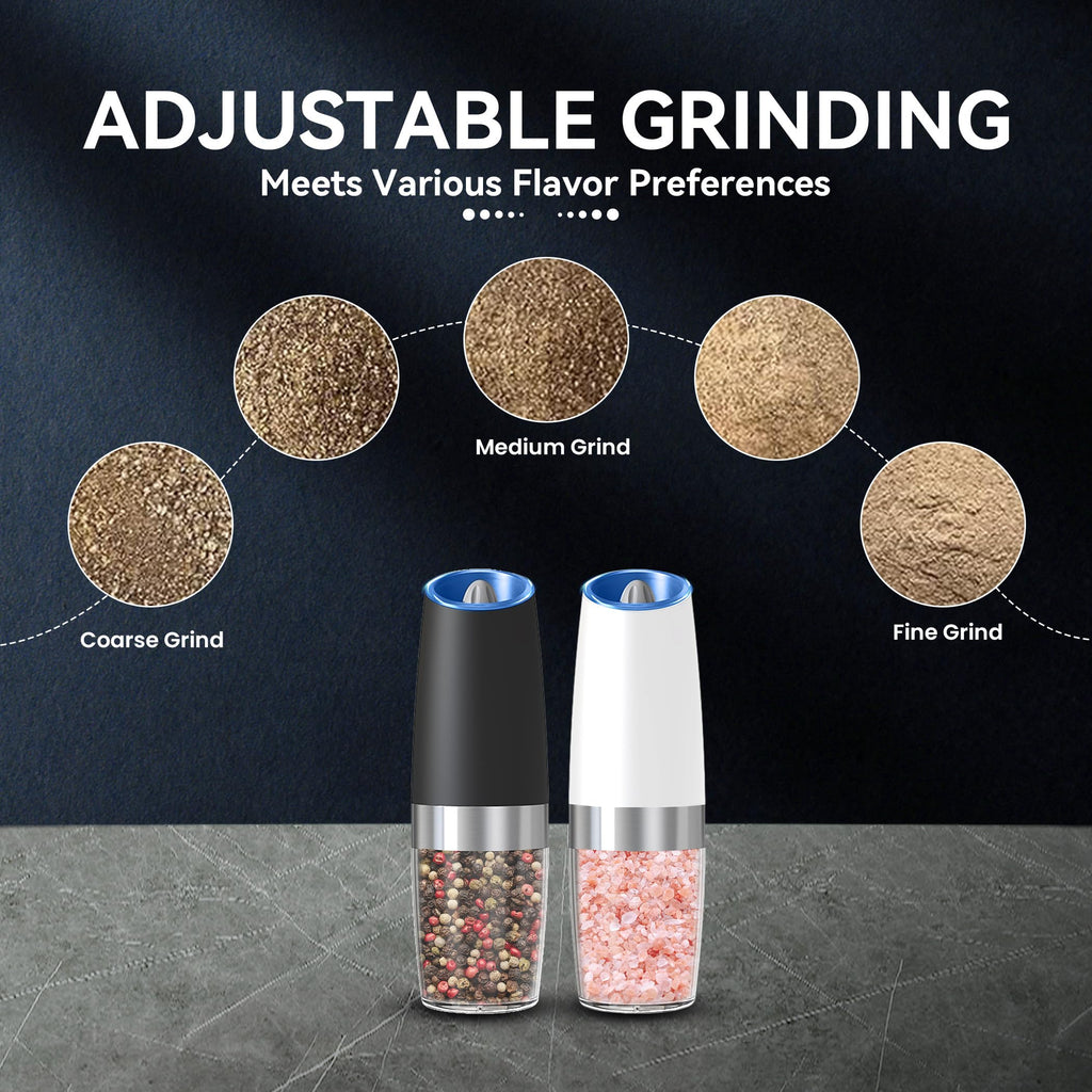 UNNEES Gravity Electric Salt and Pepper Grinder set of 2, Automatic Salt And Pepper Grinder Set, Adjustable Roughness, Battery Powered, LED Light, 2 Pack, (Black)