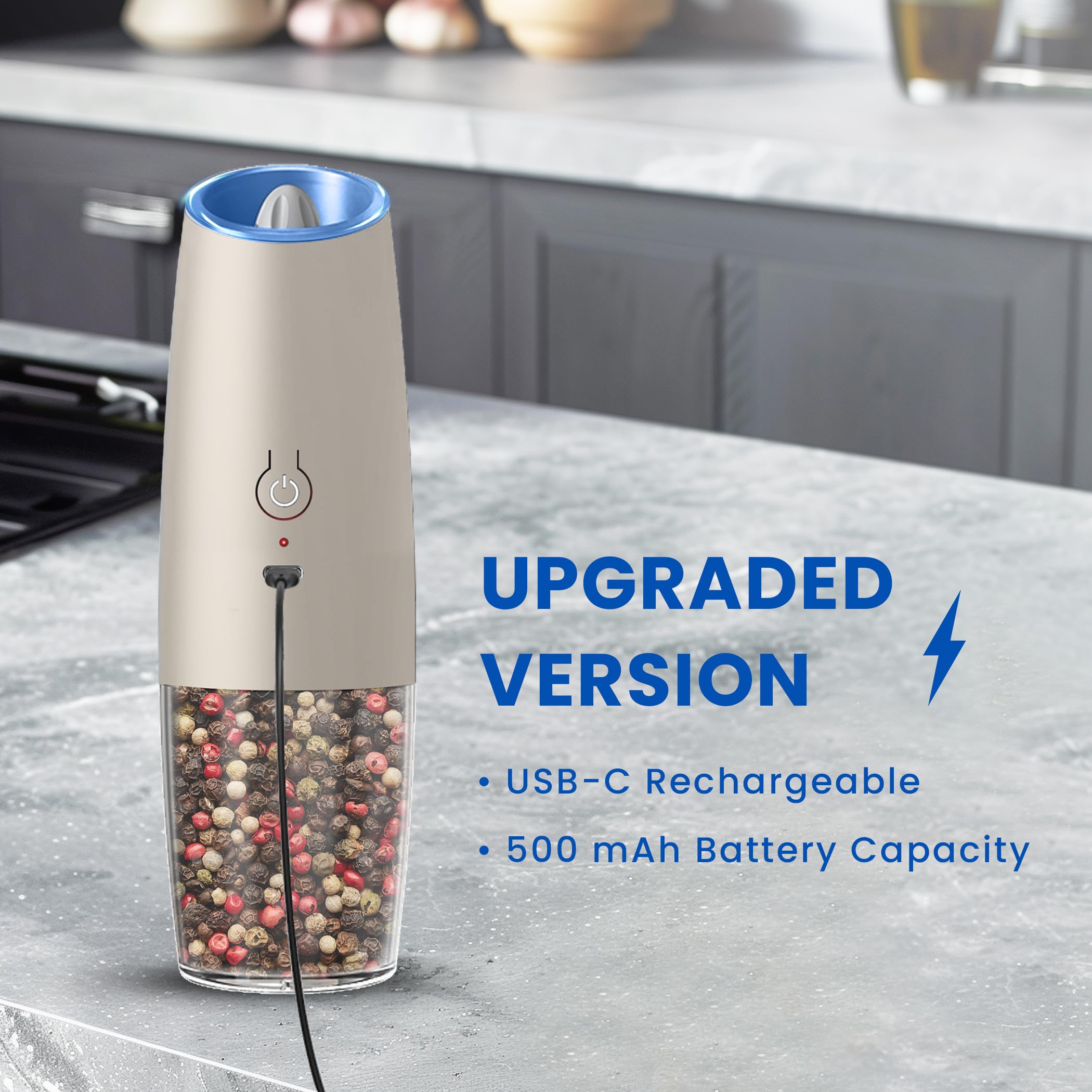 UNNEES Gravity Electric Salt and Pepper Grinder set of 2, Automatic Salt And Pepper Grinder Set, Adjustable Roughness, Battery Powered, LED Light, 2 Pack, (Black)