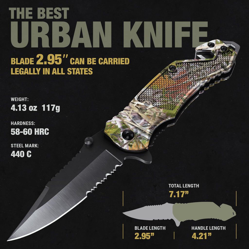 GOOD WORKER Legal Pocket Knife with 2.95” Serrated Blade, Glass Breaker, Seat Belt Cutter - EDC Sharp Folding Knives with Portable Clip - Small Tool for Tactical Camping Survival Hiking - Gifts for Men, Women