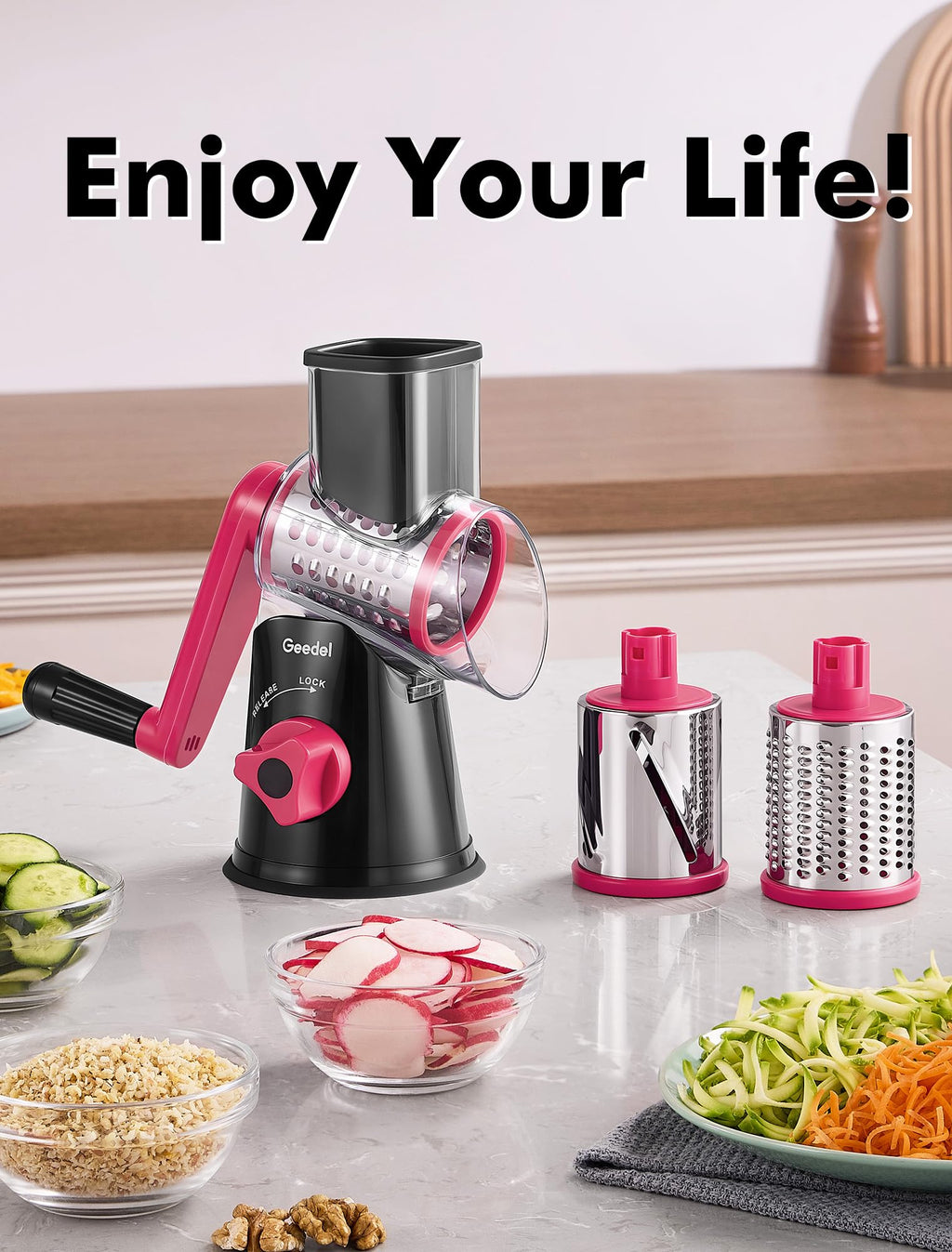 Geedel Rotary Cheese Grater, Kitchen Mandoline Vegetable Slicer with 3 Interchangeable Blades, Easy to Clean Grater for Fruit, Vegetables, Nuts