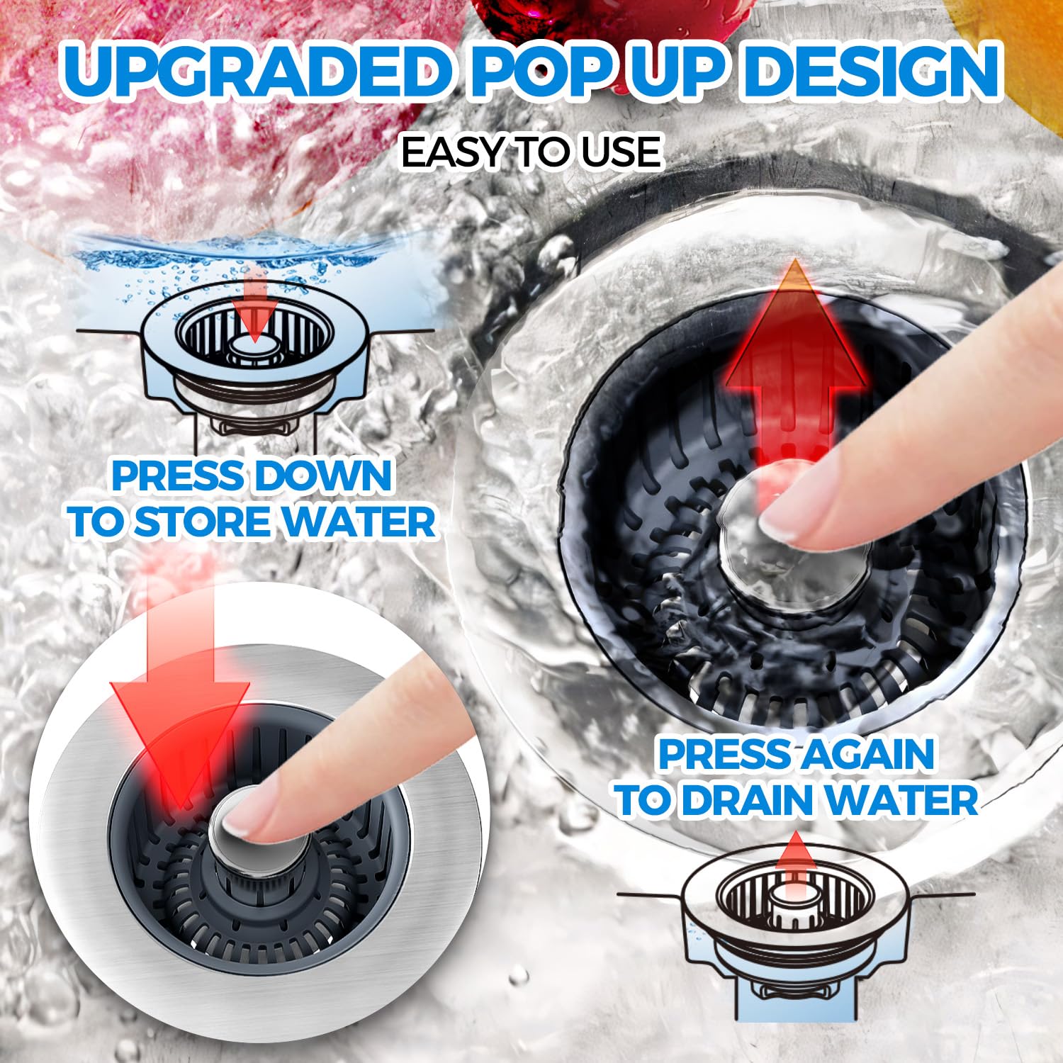 Sink Drain Strainer - Sink Stopper Kitchen Drain, 3 in 1 Kitchen Sink Drain Strainer with Anti-Clogging Basket, Kitchen Gadgets Clearance Sink Accessories, Fit US Standard 3-1/2'' Sink Hole, Silver