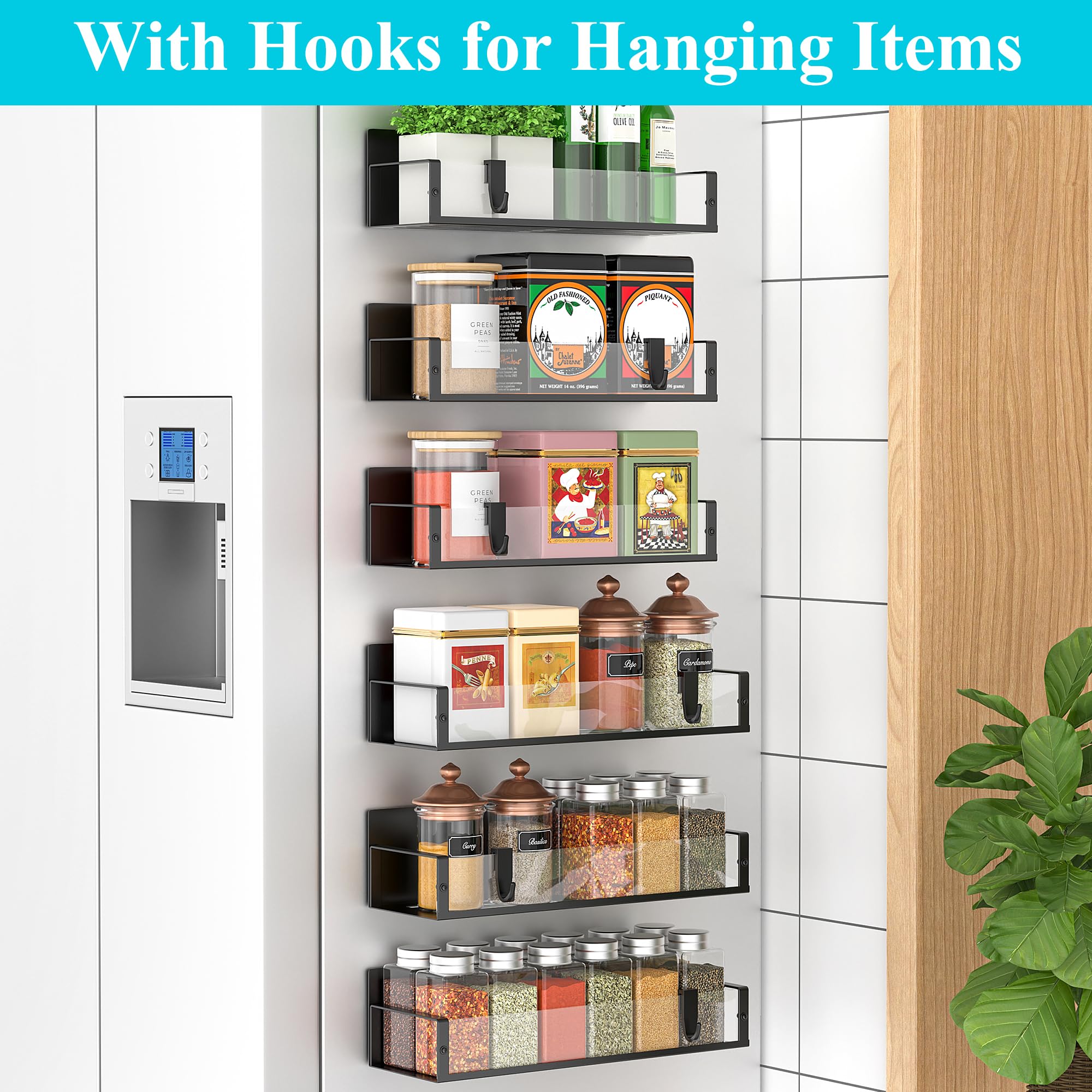 HuggieGems Metal 4 Pack Magnetic Spice Storage Rack Organizer for Refrigerator and Oven, Black Fridge Organizers and Storage