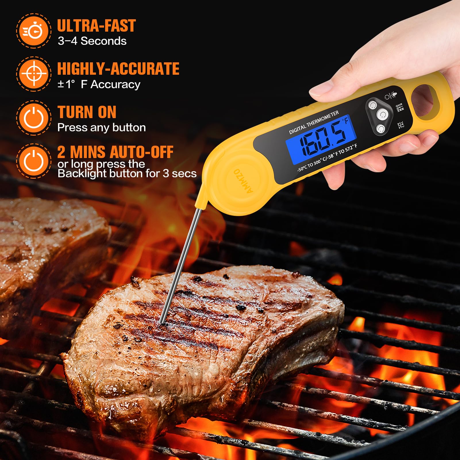 AMMZO Meat Thermometer Digital, Instant Read Food Thermometer for Cooking, Grilling, Baking, Frying & Candy Making, Essentials Kitchen Gadgets Accessory, Gifts for Men Women Dad Mom Birthday