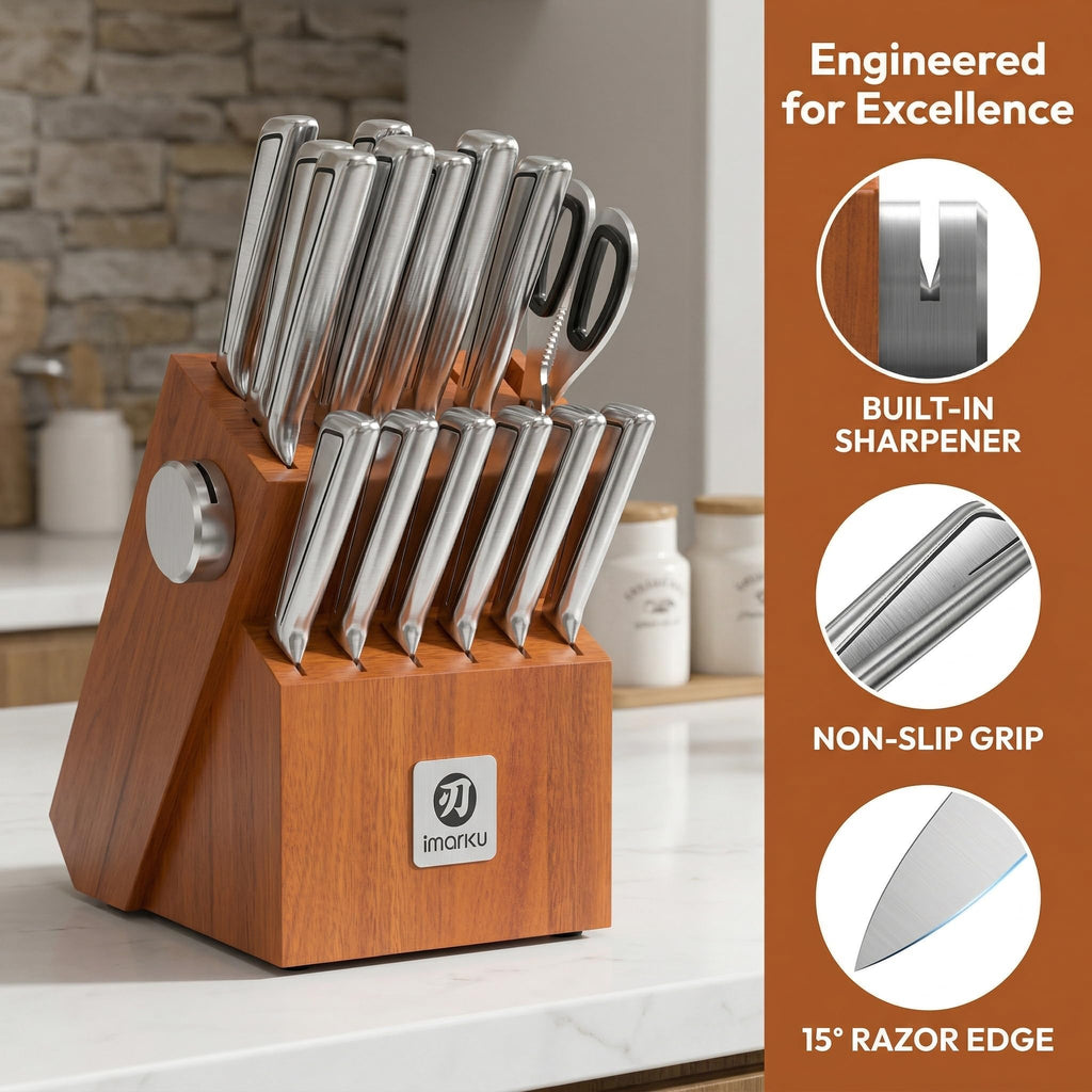 imarku 14-Piece Knife Set, Japanese Stainless Steel Knives Set for Kitchen, Full-Tang Gyutou Knife Sets with Block and Build-in Sharpener, Brown, Dishwasher Safe, House Warming Gifts for Mom