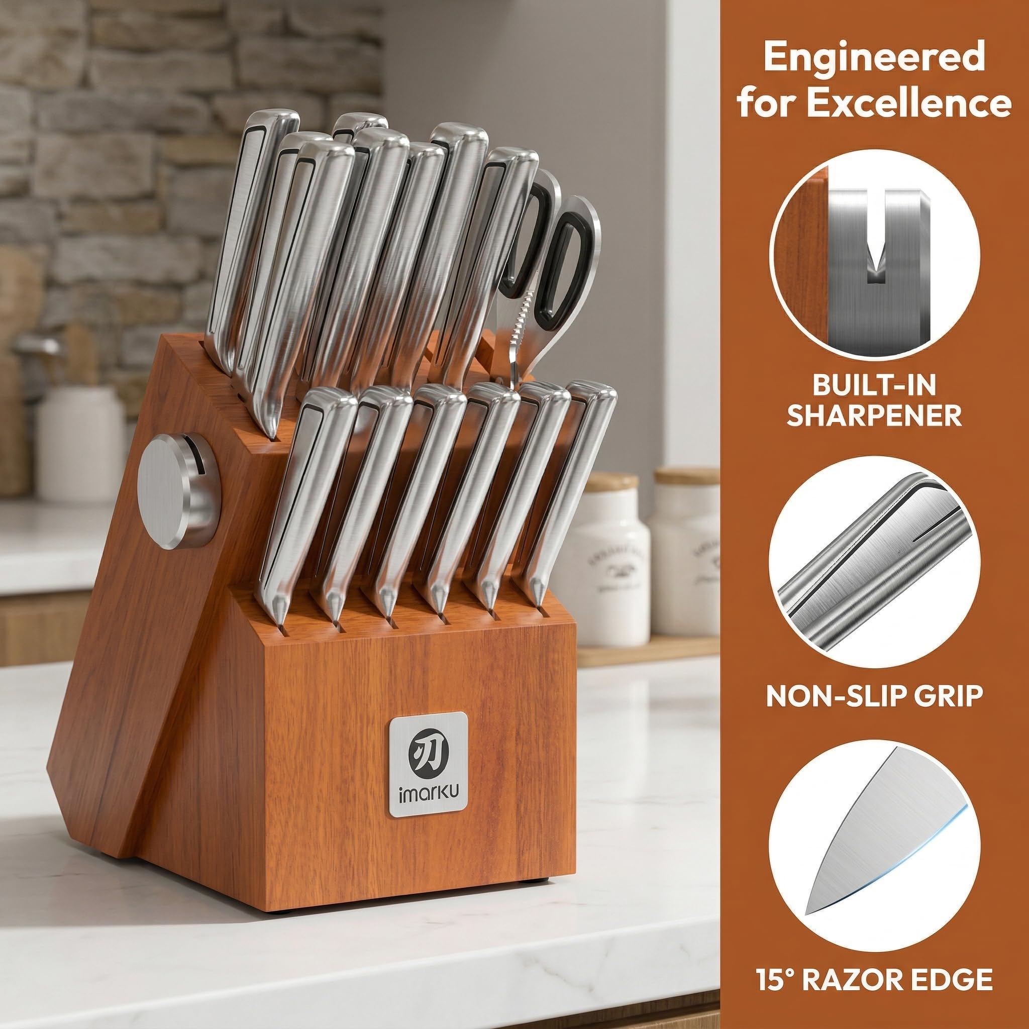 imarku 14-Piece Knife Set, Japanese Stainless Steel Knives Set for Kitchen, Full-Tang Gyutou Knife Sets with Block and Build-in Sharpener, Brown, Dishwasher Safe, House Warming Gifts for Mom