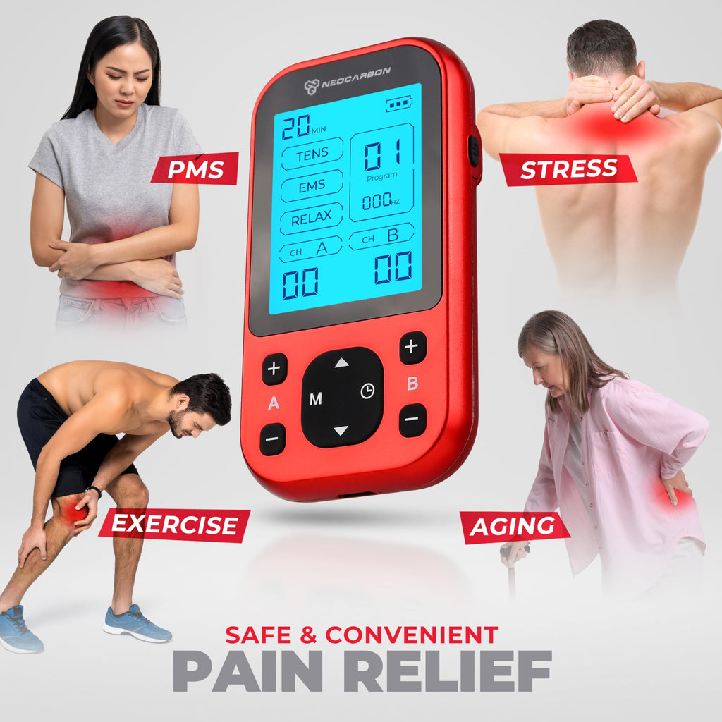 NEOCARBON TENS Unit Muscle Stimulator Pro for Back Pain Relief, Shoulder Recovery and Physical Therapy, Electronic EMS Massager Machine with PMS Pulse for Effective Shock Therapy, Red