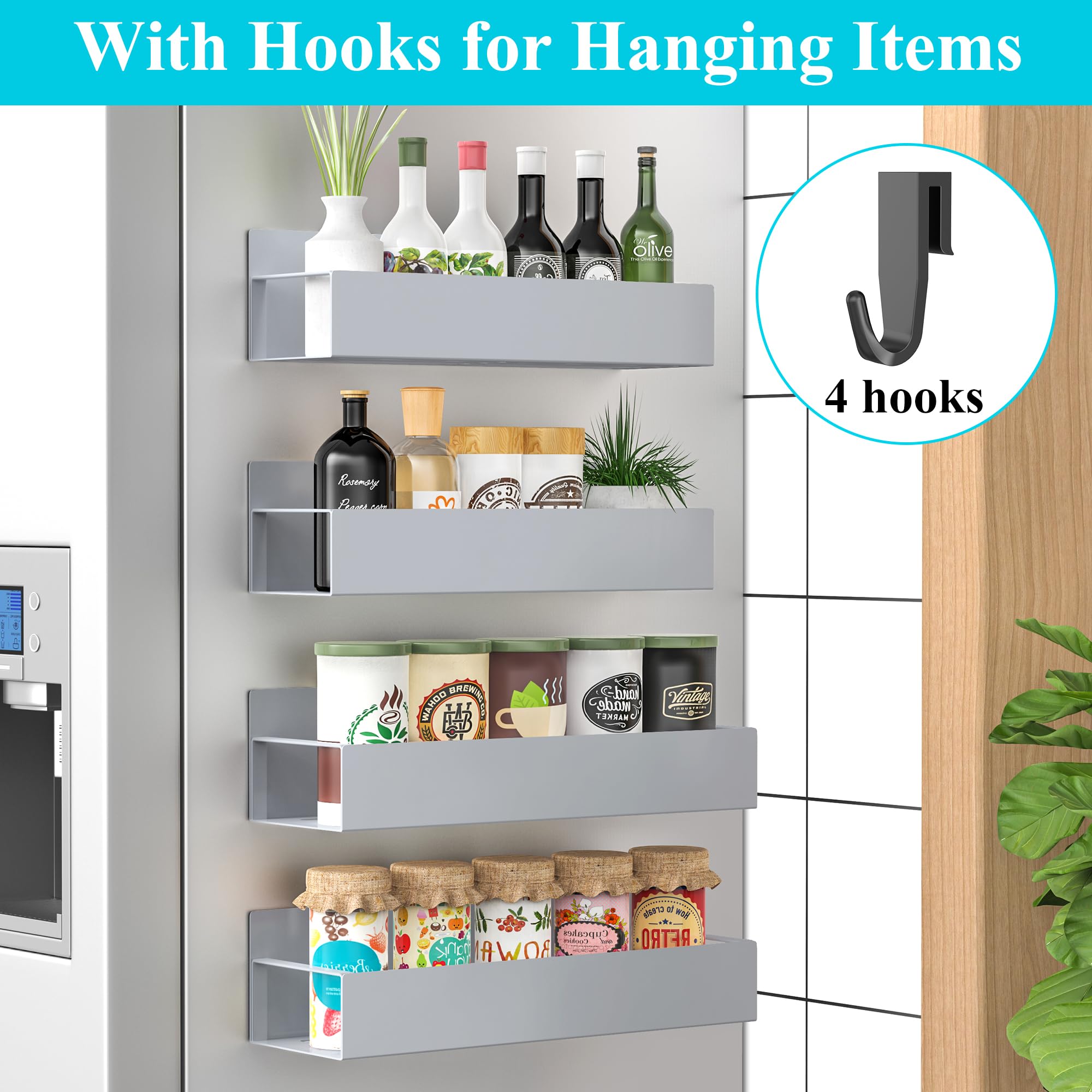 HuggieGems Metal 4 Pack Magnetic Spice Storage Rack Organizer for Refrigerator and Oven, Black Fridge Organizers and Storage