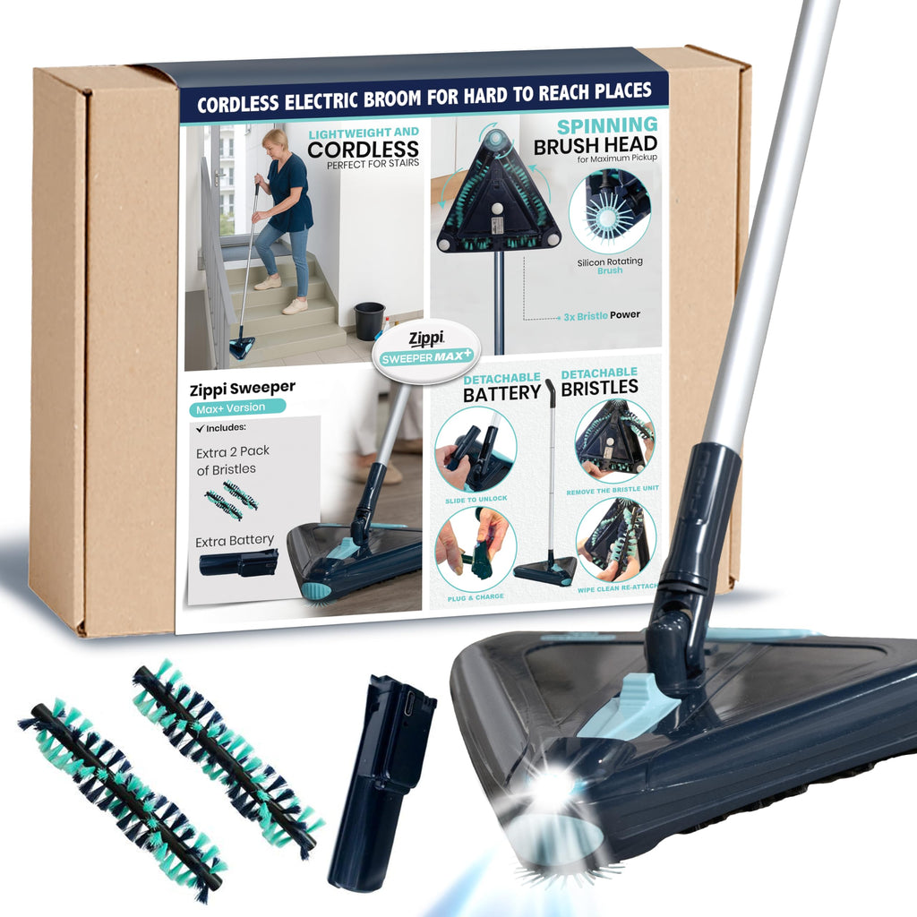 Zippi Sweeper Standard - 2025 New and Improved Lightweight Sweeper, Perfect for Short Carpet Hardwood and Tile, Triangular Design Allows for Sweeping in Corners, 30 Minutes Cleaning Time