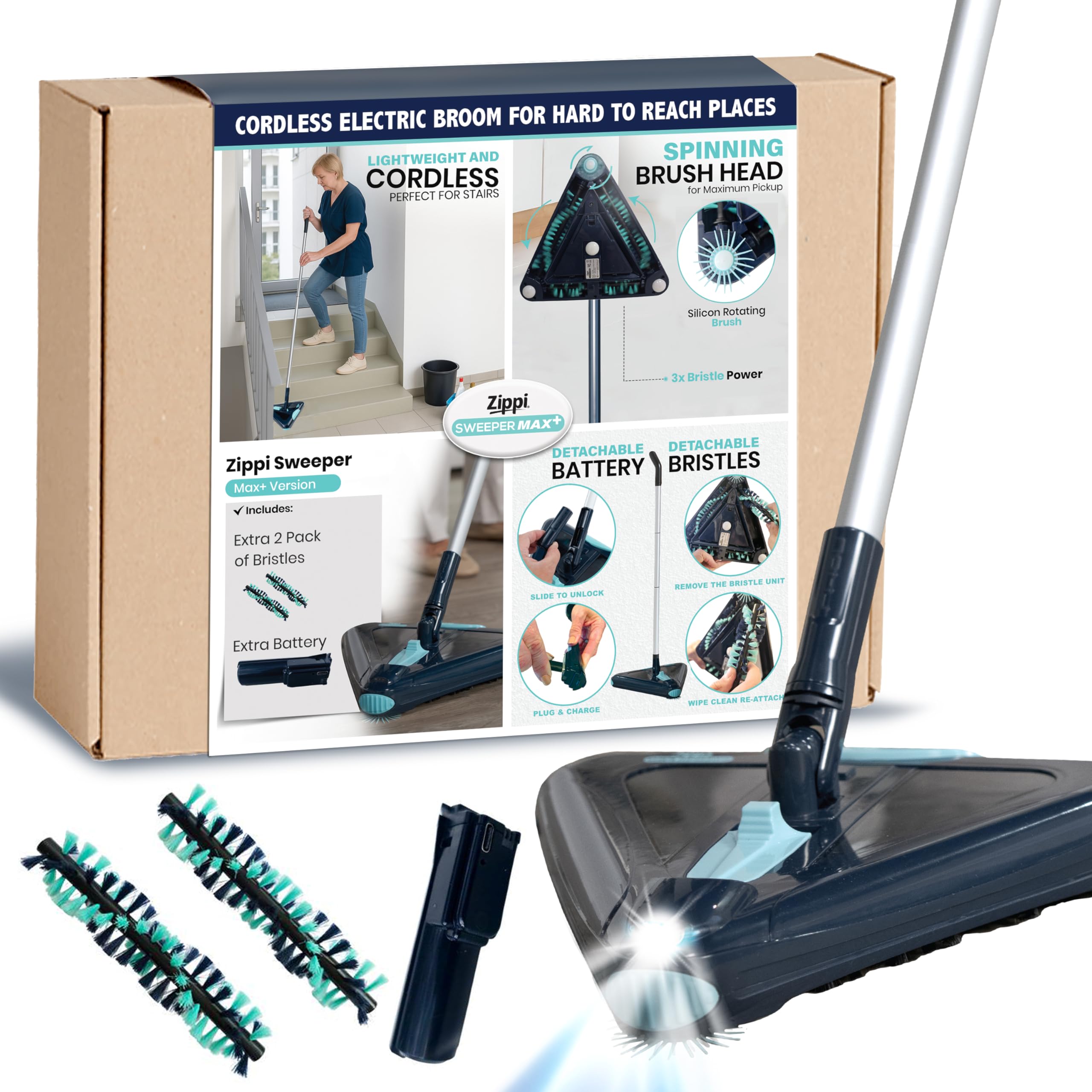 Zippi Sweeper Standard - 2025 New and Improved Lightweight Sweeper, Perfect for Short Carpet Hardwood and Tile, Triangular Design Allows for Sweeping in Corners, 30 Minutes Cleaning Time