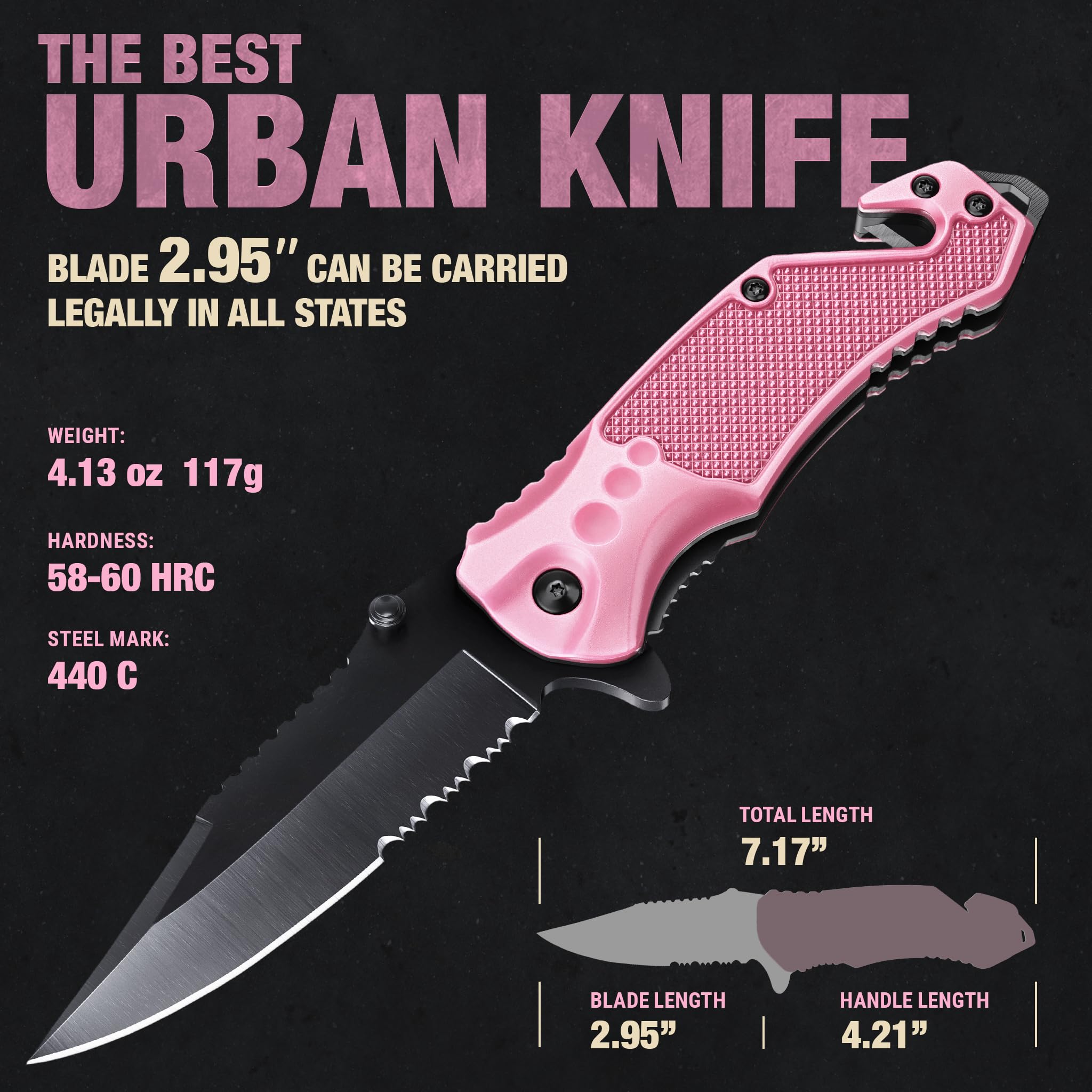 GOOD WORKER Legal Pocket Knife with 2.95” Serrated Blade, Glass Breaker, Seat Belt Cutter - EDC Sharp Folding Knives with Portable Clip - Small Tool for Tactical Camping Survival Hiking - Gifts for Men, Women