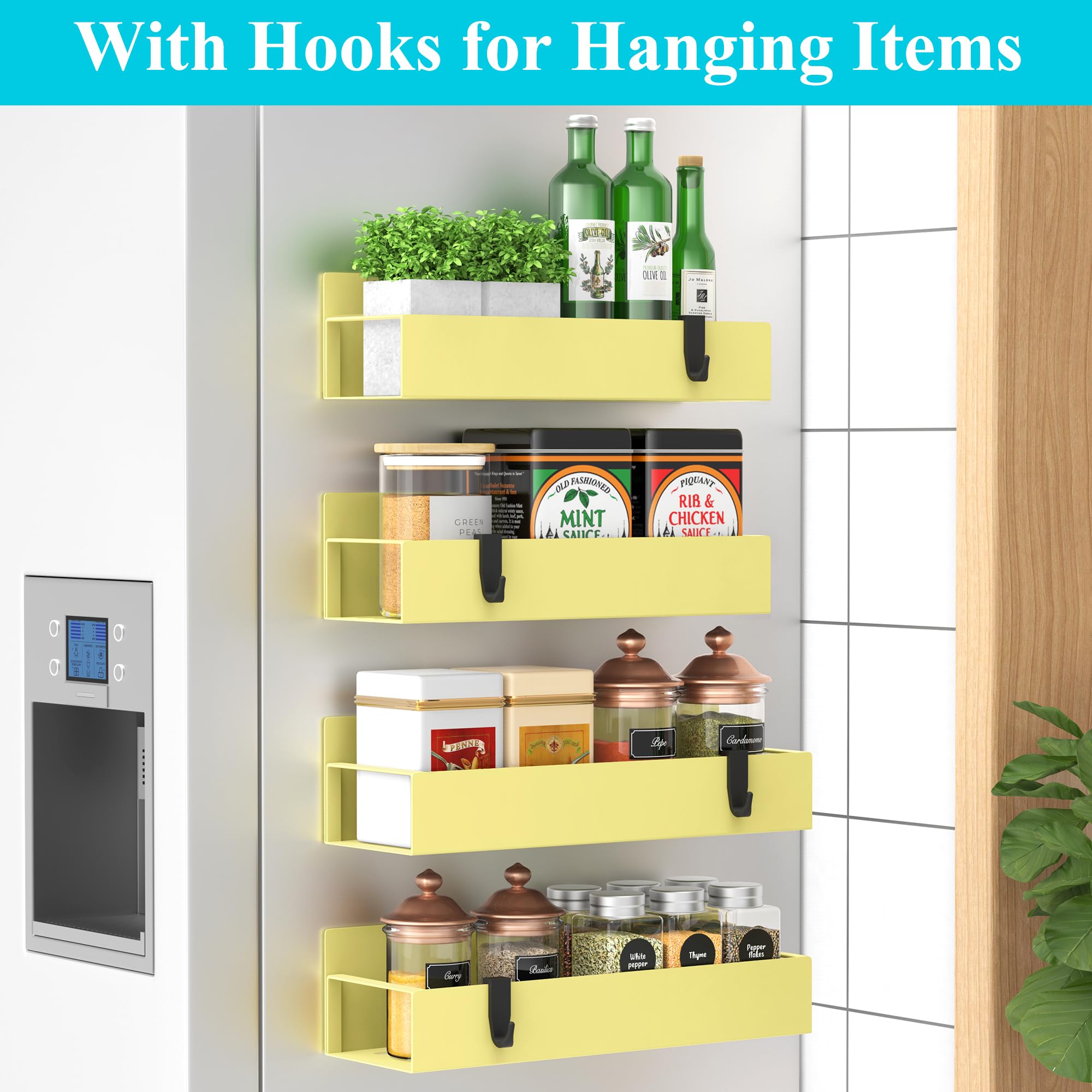 HuggieGems Metal 4 Pack Magnetic Spice Storage Rack Organizer for Refrigerator and Oven, Black Fridge Organizers and Storage