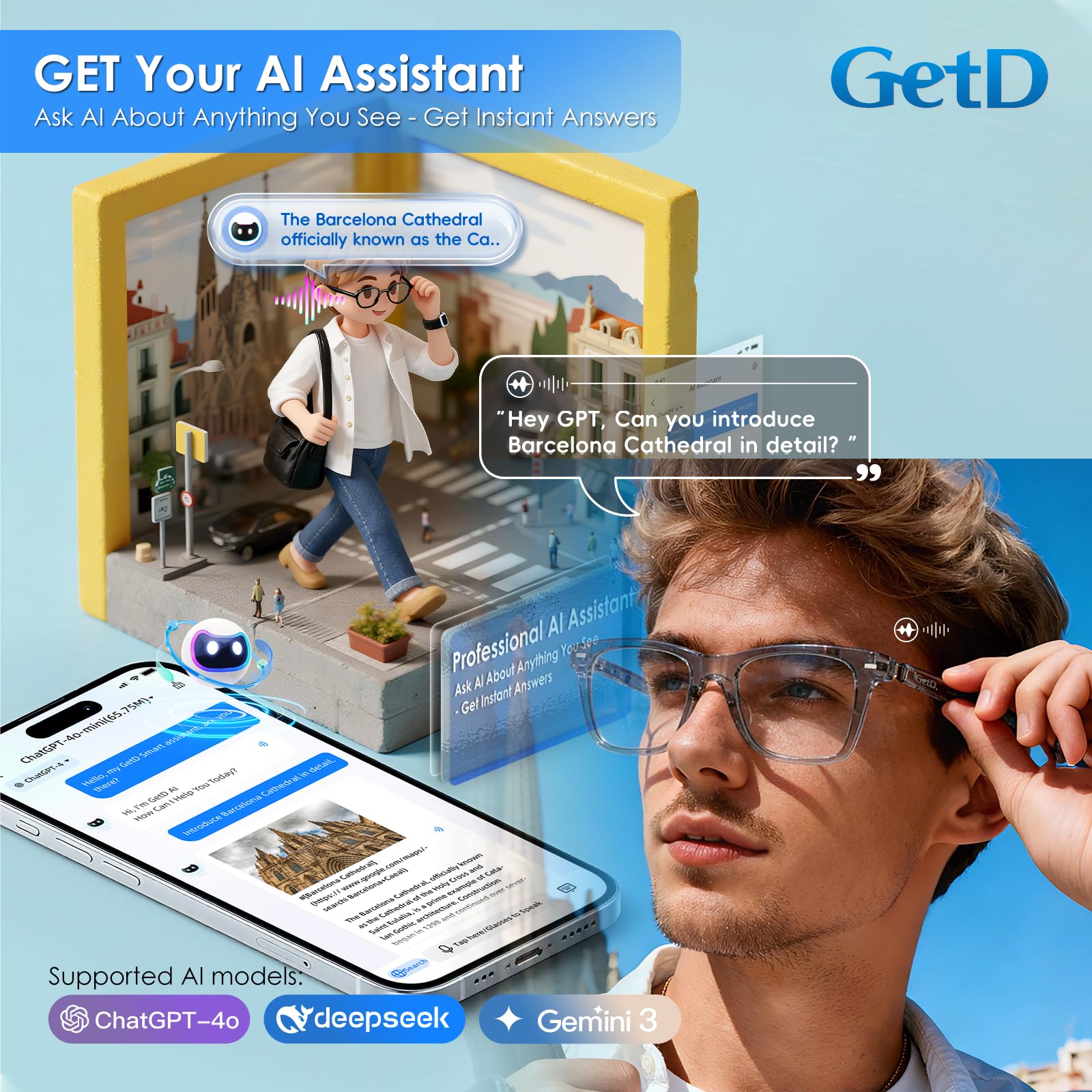 AI Glasses for Men & Women, Smart Glasses Powered by ChatGPT, AI Real-time Translation with 107 languages, 11H Music Play, Bluetooth Sunglasses with Polarized Lens, UV Protection for Daily Use, Travel