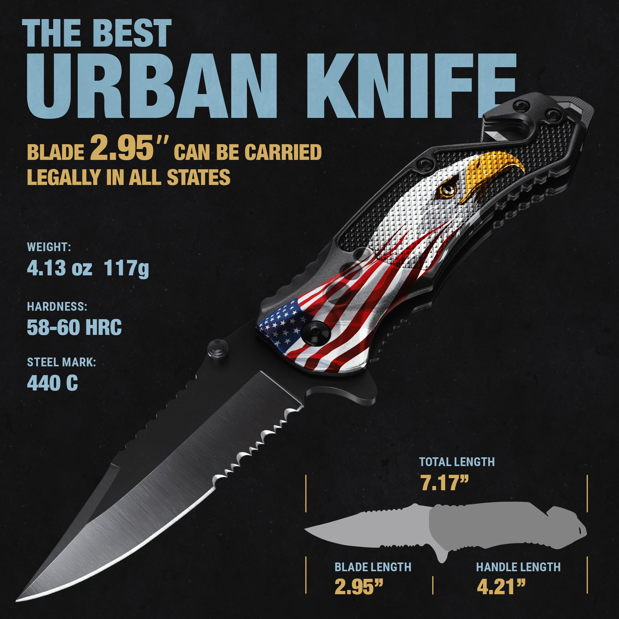 GOOD WORKER Legal Pocket Knife with 2.95” Serrated Blade, Glass Breaker, Seat Belt Cutter - EDC Sharp Folding Knives with Portable Clip - Small Tool for Tactical Camping Survival Hiking - Gifts for Men, Women