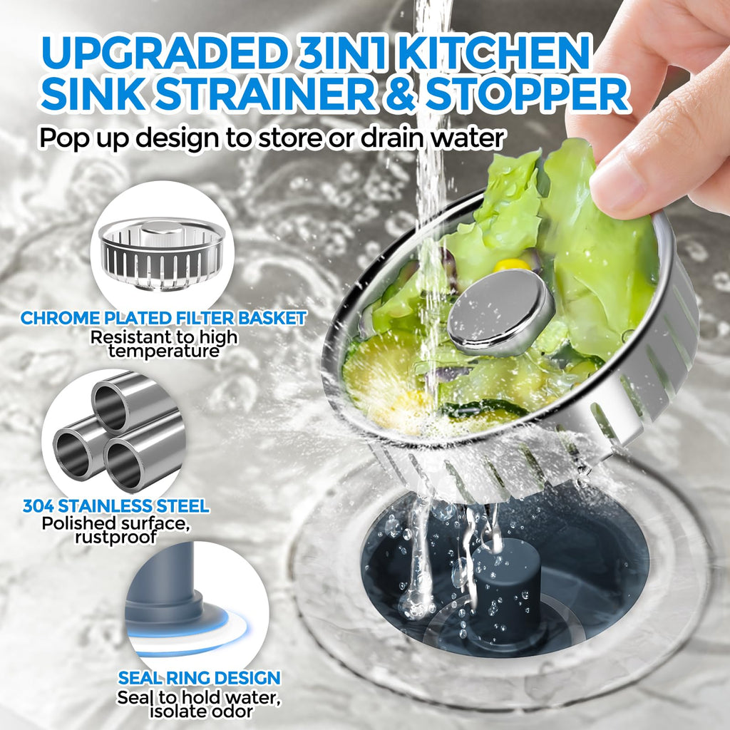 Sink Drain Strainer - Sink Stopper Kitchen Drain, 3 in 1 Kitchen Sink Drain Strainer with Anti-Clogging Basket, Kitchen Gadgets Clearance Sink Accessories, Fit US Standard 3-1/2'' Sink Hole, Silver