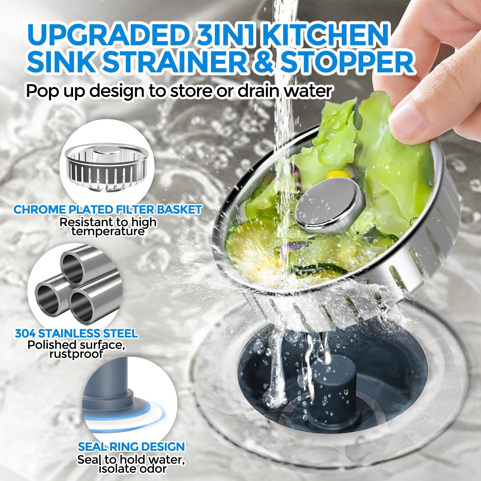 Sink Drain Strainer - Sink Stopper Kitchen Drain, 3 in 1 Kitchen Sink Drain Strainer with Anti-Clogging Basket, Kitchen Gadgets Clearance Sink Accessories, Fit US Standard 3-1/2'' Sink Hole, Silver