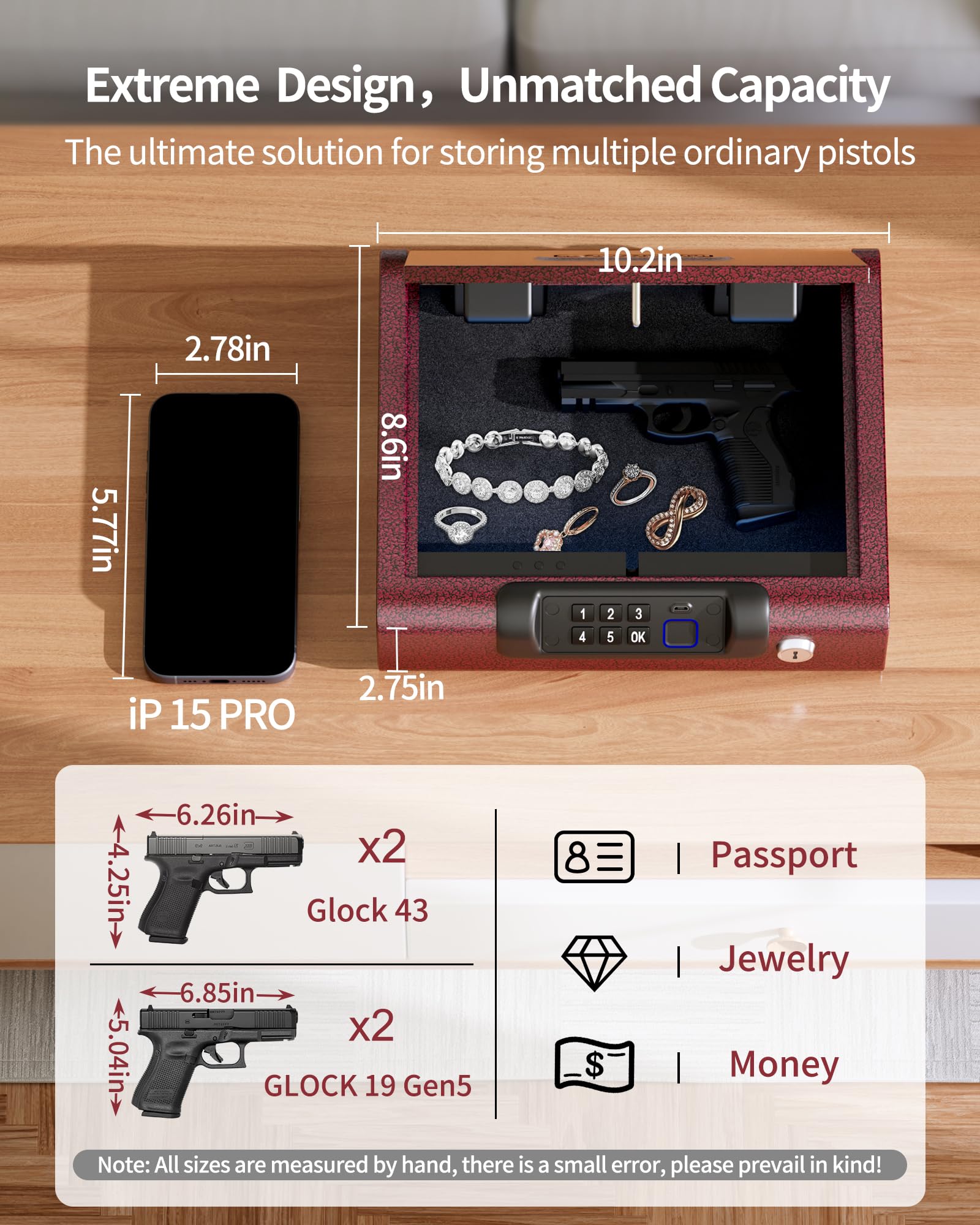 Biometric Gun Safe for Pistols 3-Ways unlock Fingerprint Digital PIN Key Unlock Handgun Safe with Sound, Lock box for Cloakroom living room Bedroom Nightstand and Car BILLCONCH