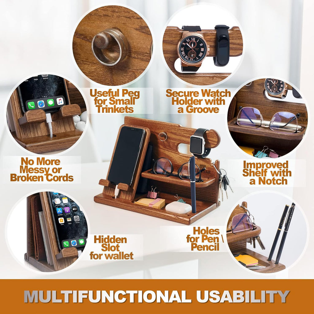 TESLYAR Wood Phone Docking Station for Men - Desk or Nightstand Organizer - Birthday Gifts for Husband, Dad - Anniversary Idea from Wife - Key Holder, Stand Wallet, Watch & Essentials (Bourbon Brown)