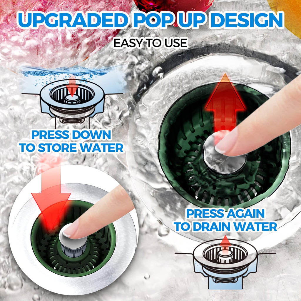 Sink Drain Strainer - Sink Stopper Kitchen Drain, 3 in 1 Kitchen Sink Drain Strainer with Anti-Clogging Basket, Kitchen Gadgets Clearance Sink Accessories, Fit US Standard 3-1/2'' Sink Hole, Silver