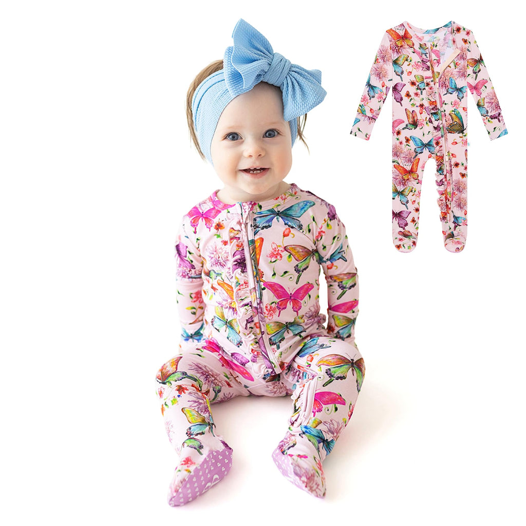 Posh Peanut Footie Pajamas for Baby Girls – Sleepers in Ultra-Soft Viscose from Bamboo with 2-Way Zipper & Ruffle Trim