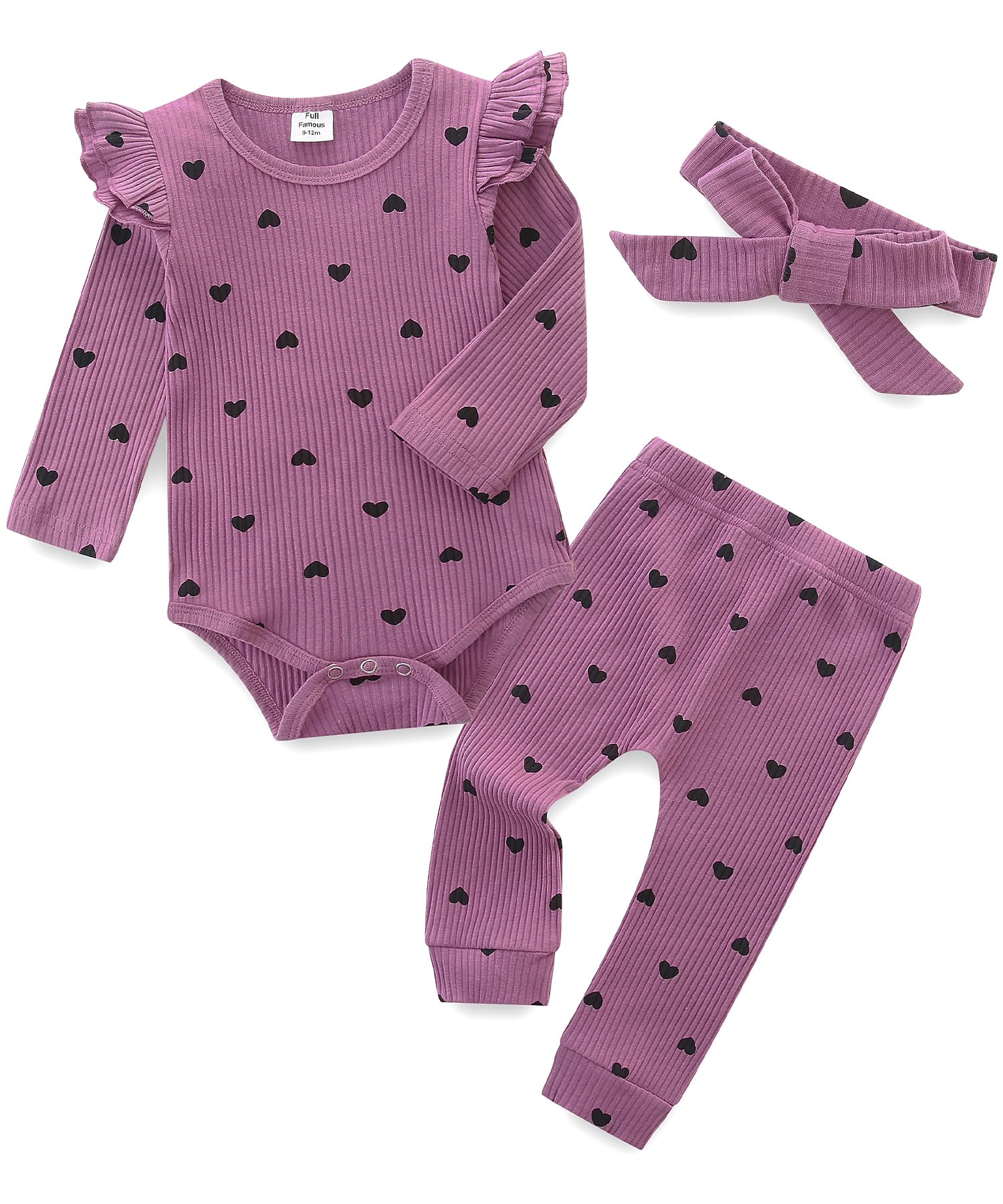 Fullfamous Baby Girl's 3pc Rib Frill Long Sleeve Romper and Pant Set