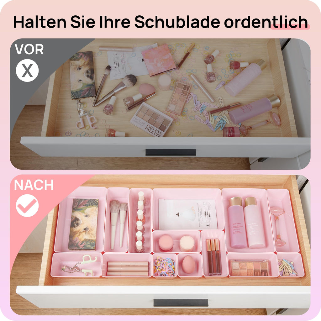 Vtopmart 25 PCS Clear Plastic Drawer Organizers Set, 4-Size Versatile Bathroom and Vanity Drawer Organizer Trays, Storage Bins for Makeup, Bedroom, Kitchen Gadgets Utensils and Office