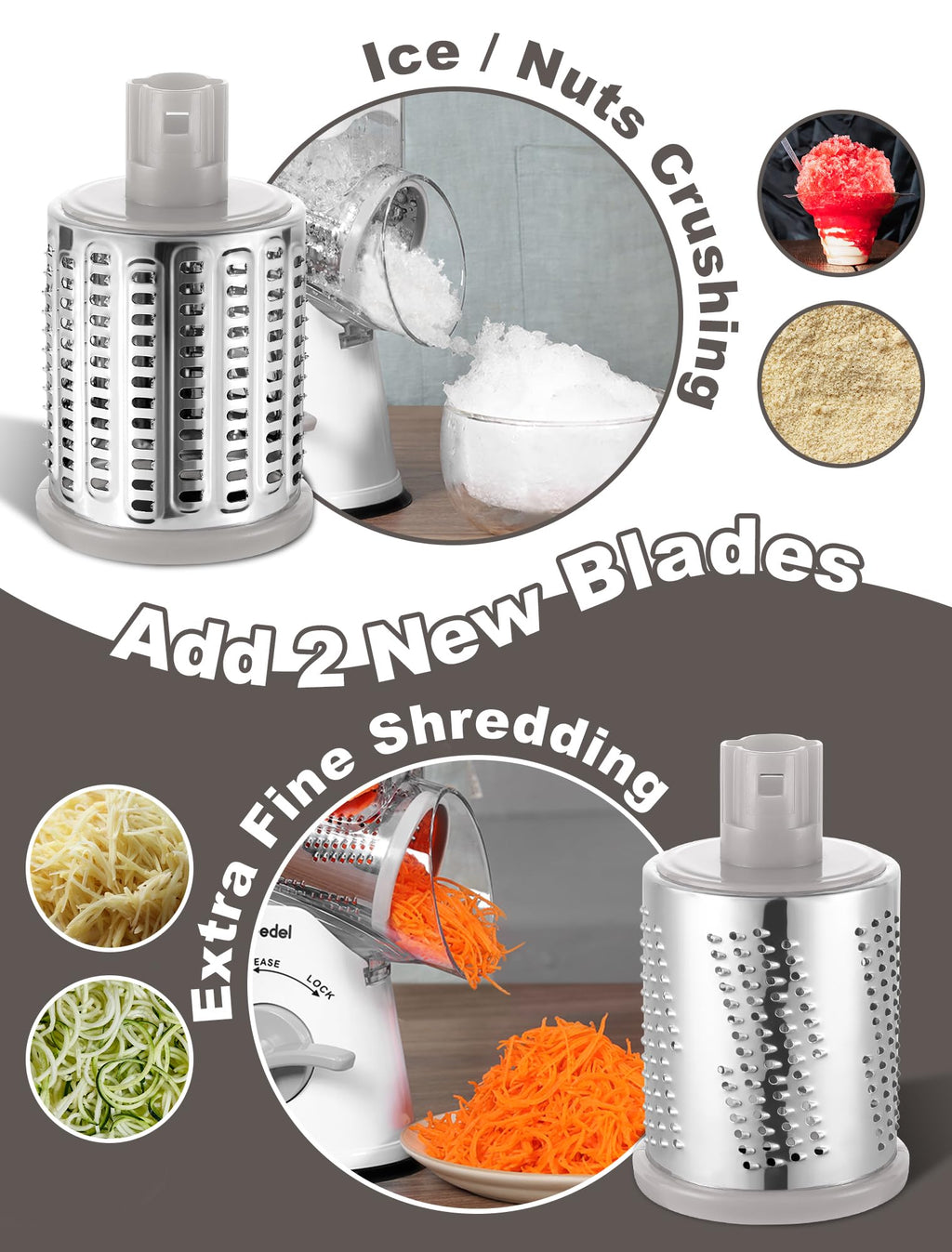 Geedel Rotary Cheese Grater, Kitchen Mandoline Vegetable Slicer with 3 Interchangeable Blades, Easy to Clean Grater for Fruit, Vegetables, Nuts