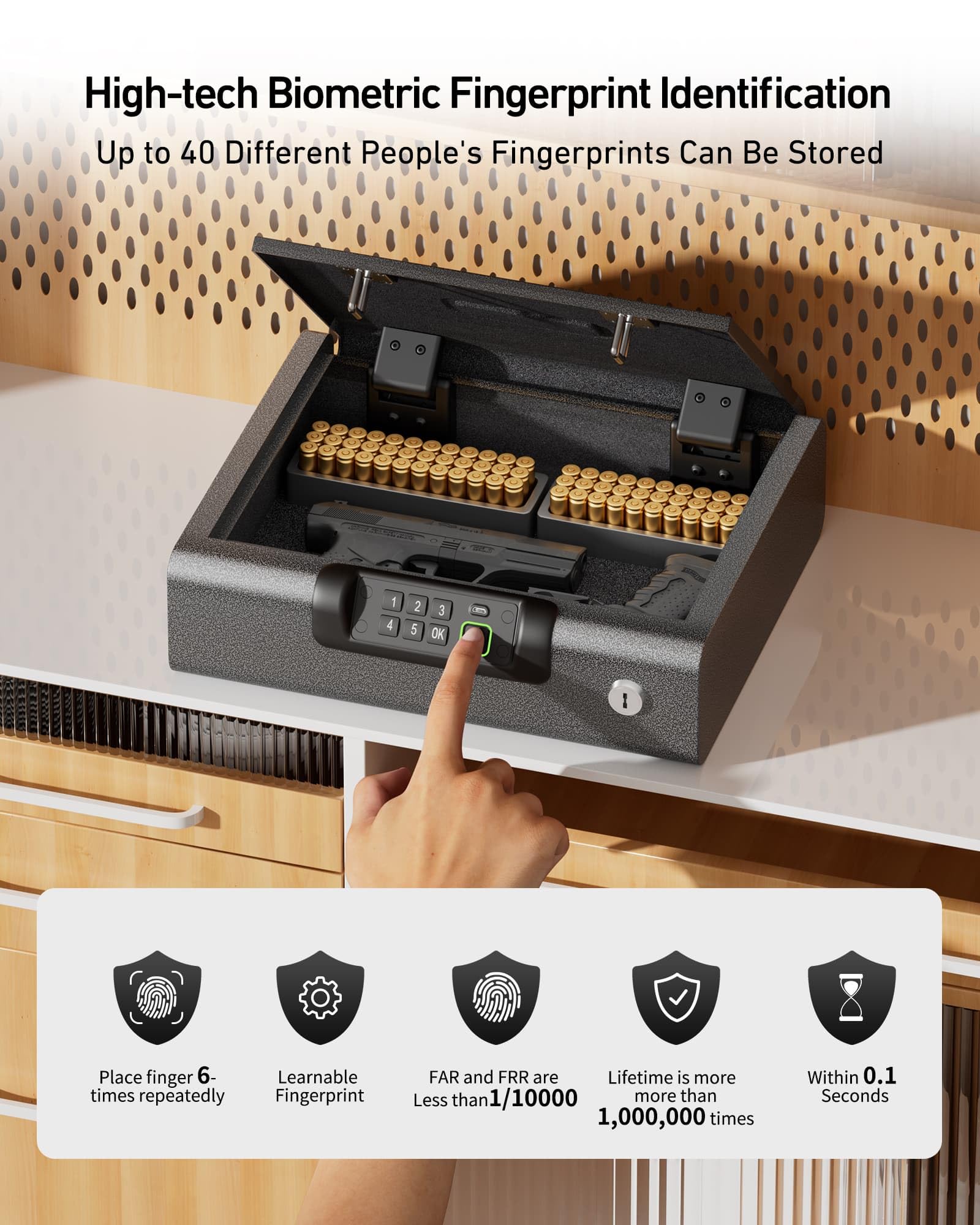 Biometric Gun Safe for Pistols 3-Ways unlock Fingerprint Digital PIN Key Unlock Handgun Safe with Sound, Lock box for Cloakroom living room Bedroom Nightstand and Car BILLCONCH