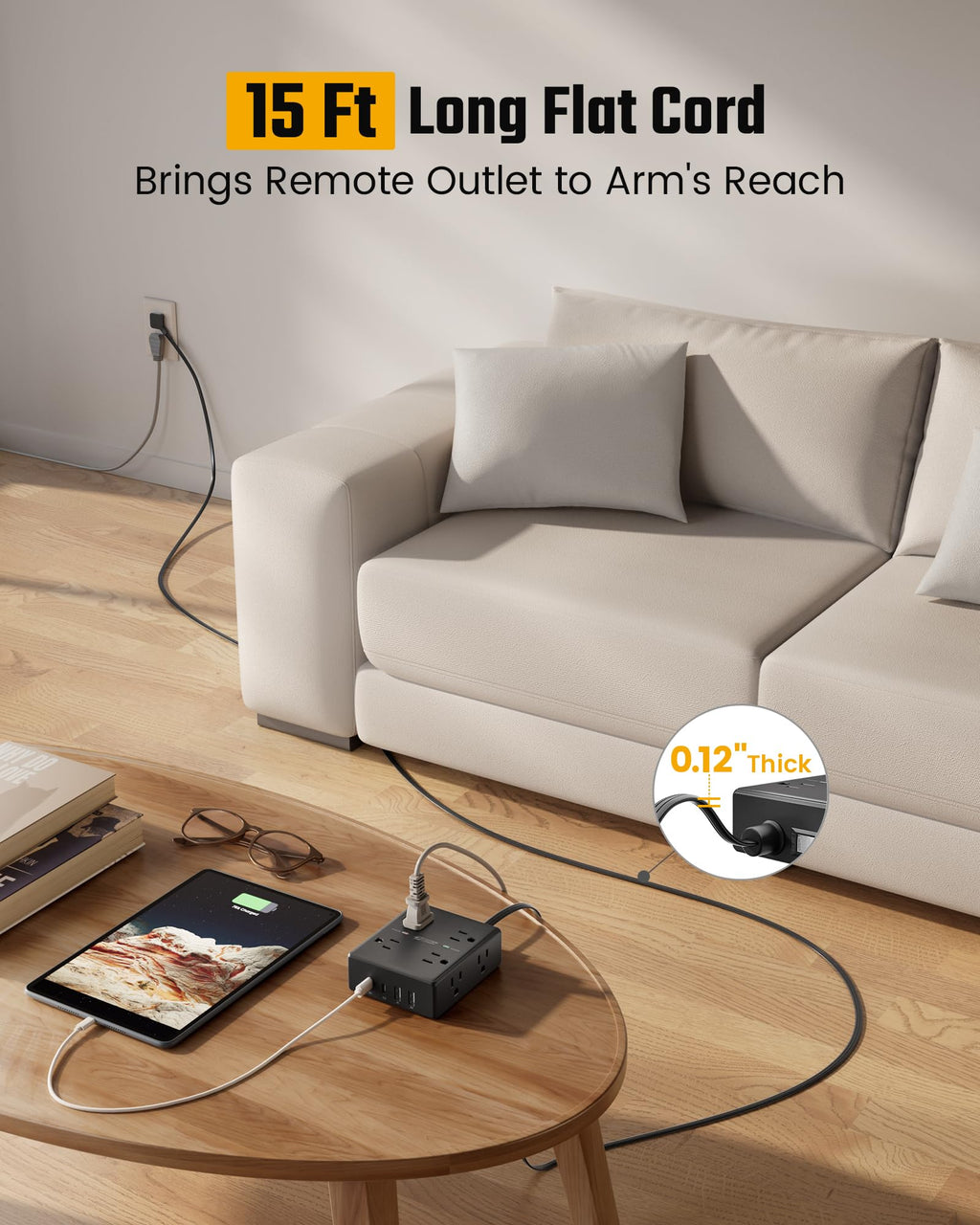 10Ft Extension Cord with Multiple Outlets, Flat Plug Surge Protector Power Strip 10 Ft Long Cord, 8 Outlets & 4 USB Ports (2 USB C), Desk Charging Station for Home Office, College Dorm Room Essentials