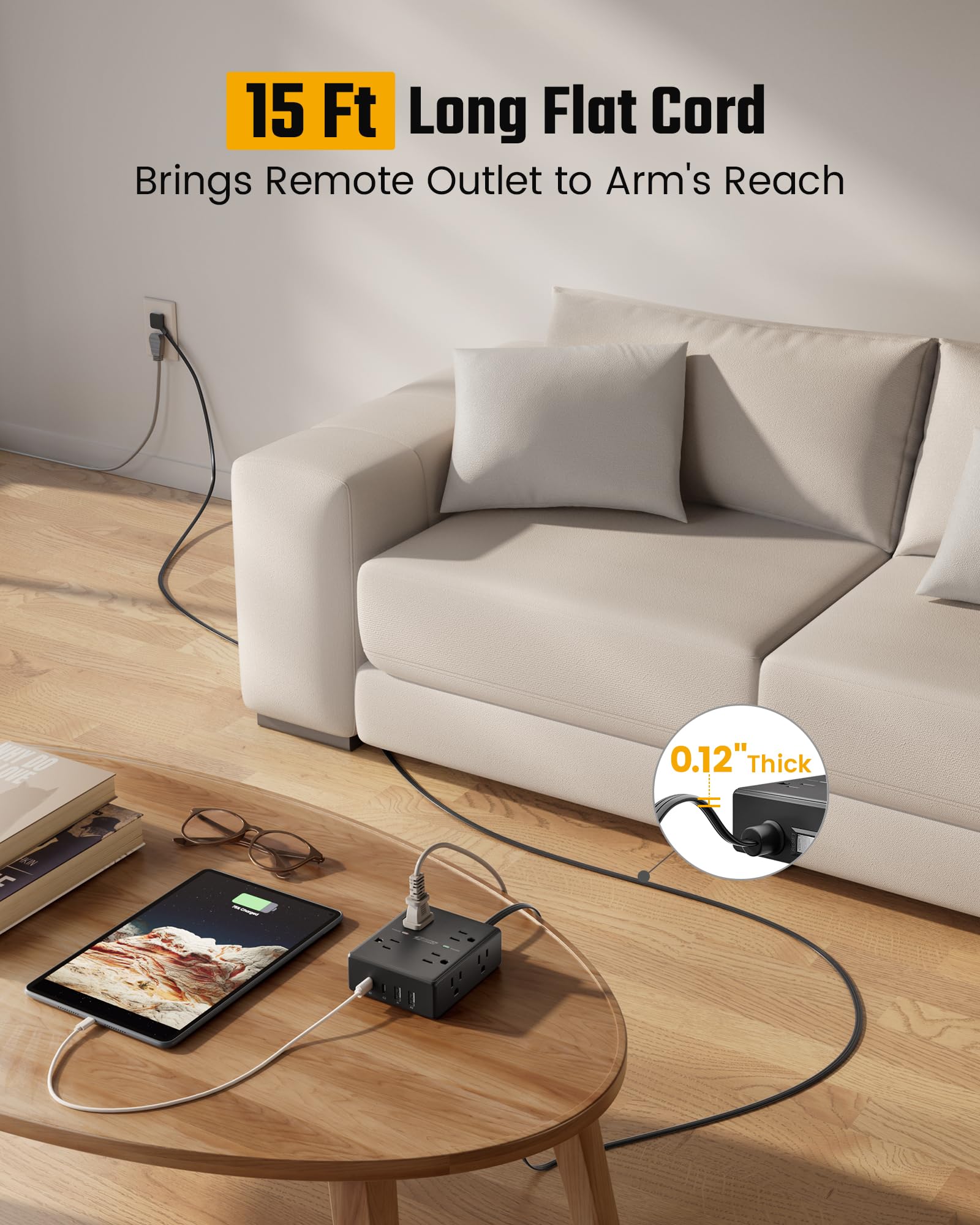 10Ft Extension Cord with Multiple Outlets, Flat Plug Surge Protector Power Strip 10 Ft Long Cord, 8 Outlets & 4 USB Ports (2 USB C), Desk Charging Station for Home Office, College Dorm Room Essentials