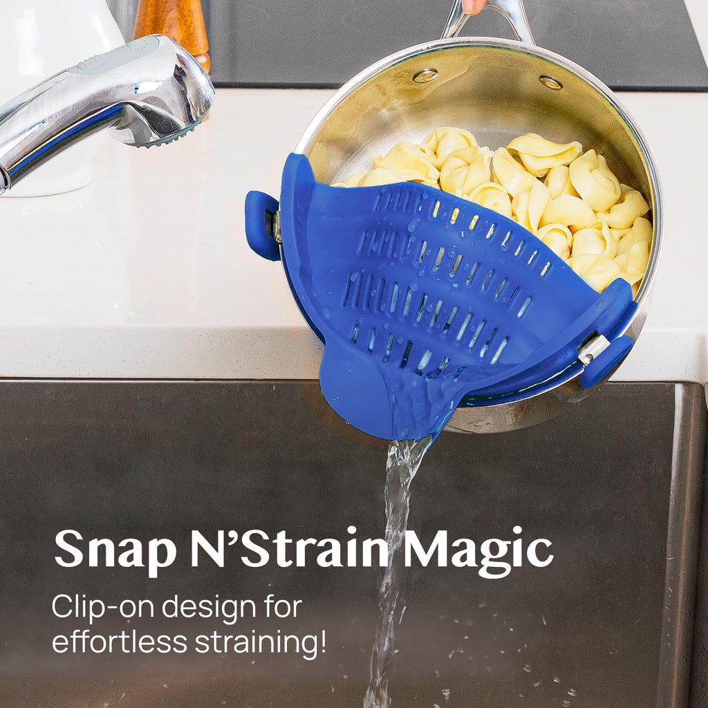 Kitchen Gizmo Snap N' Strain - Silicone Pasta Strainer Clip-On for Pots and Pans - Heat Resistant Colander for Vegetables and Noodles - Kitchen Gadgets for Cooking - Space-Saving Design - Gray