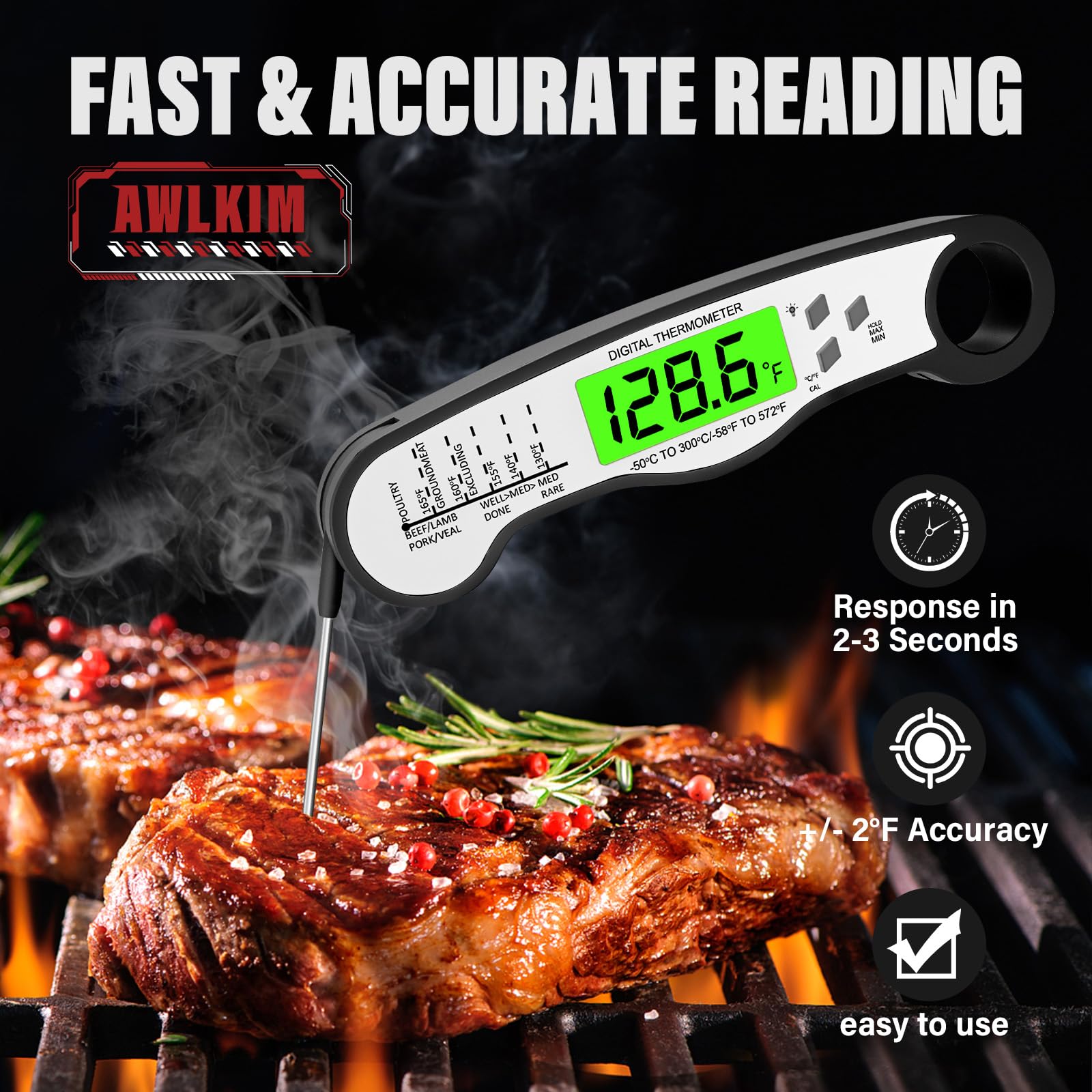 AWLKIM Meat Thermometer Digital - Instant Read Waterproof Food Thermometer with Backlight for Cooking, Grill, Candy, Kitchen & Stocking Stuffers for Men - Red
