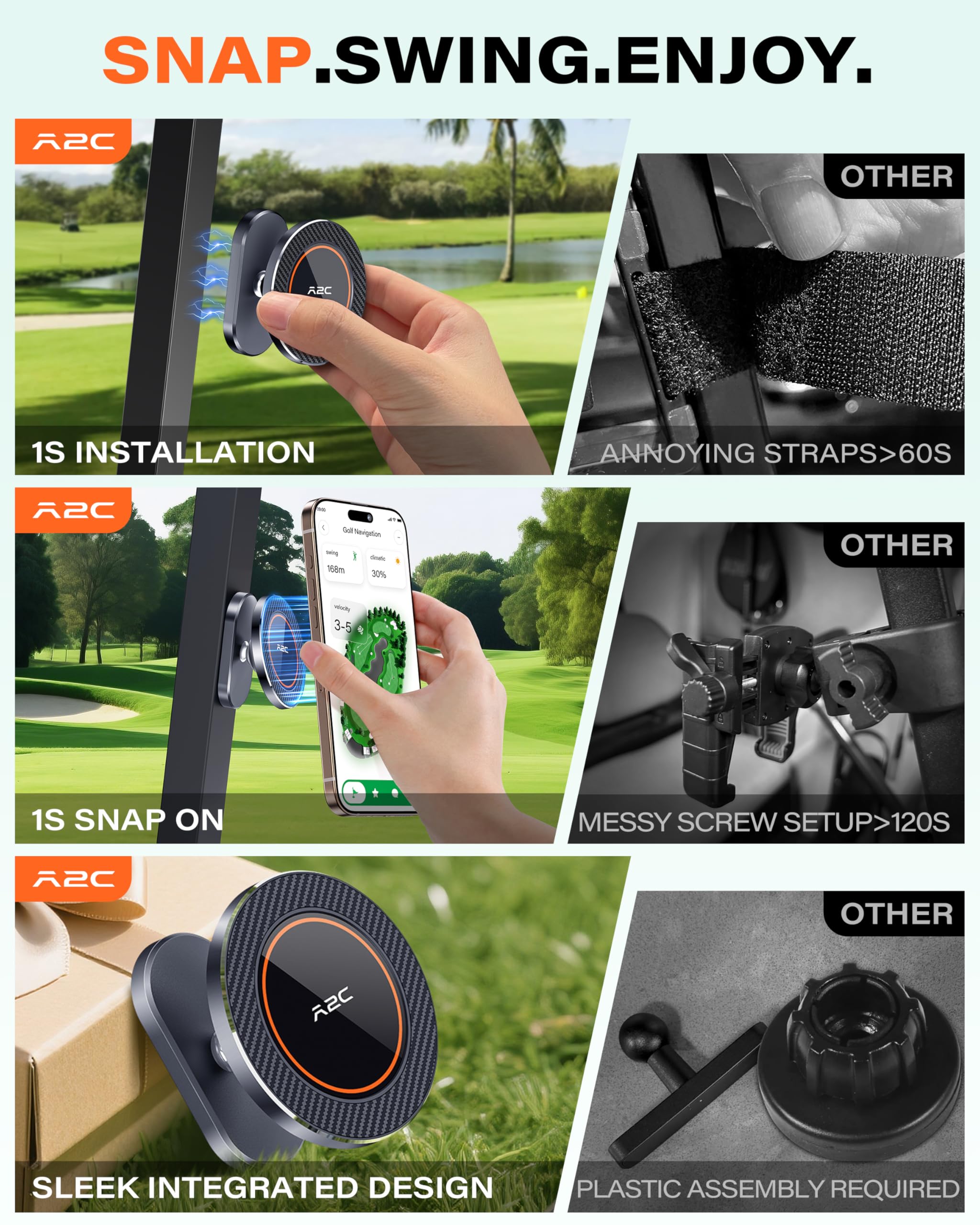 A2C Alloy Magnetic Golf Cart Phone Holder for MagSafe iPhone, Unique Golf Gifts for Men Golfers Dad Father, Golf Gift for Him Husband, Golf Accessories Essentials Gadgets Fits EZGO, Club Car, Yamaha