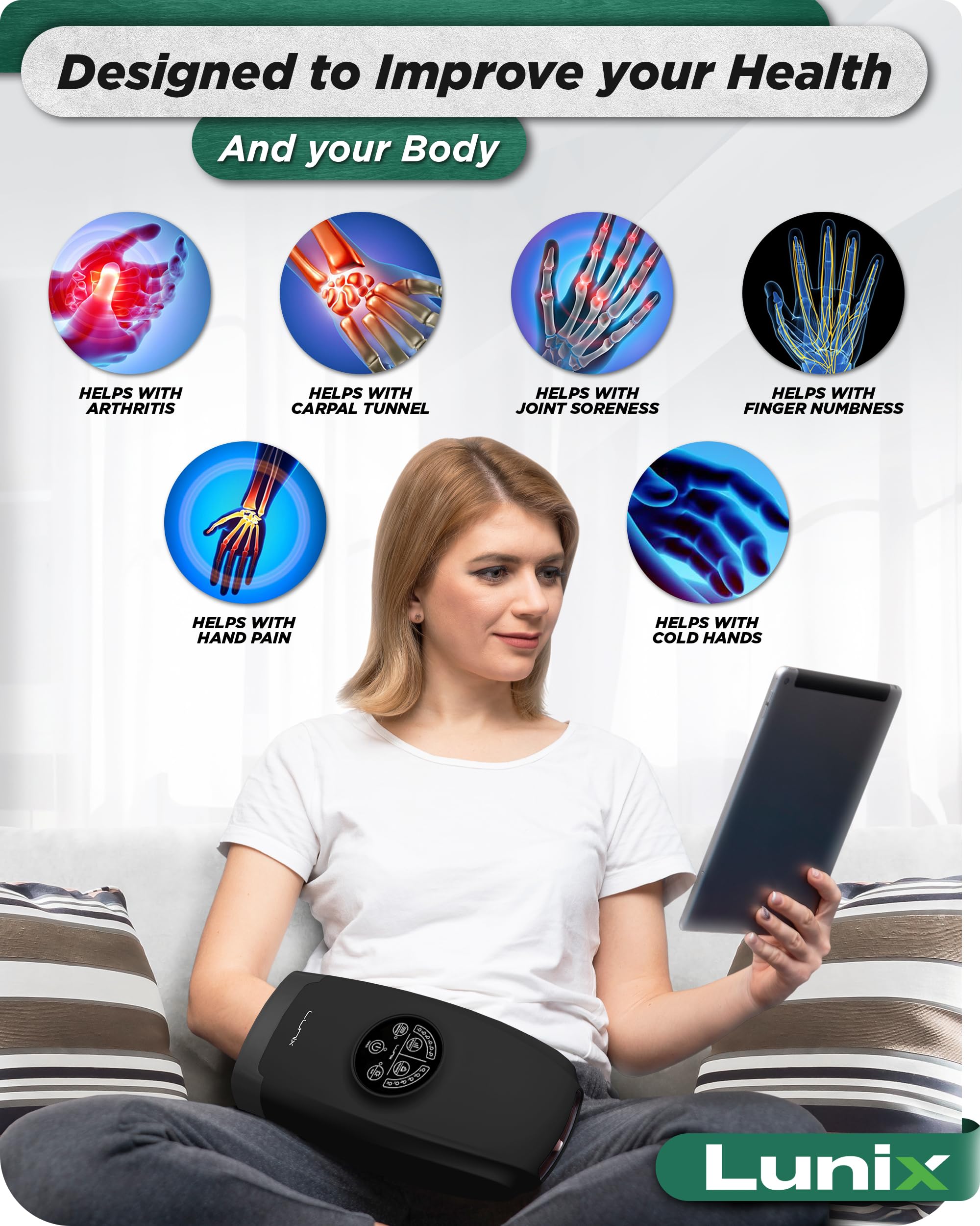 Lunix LX3 FSA Carpal Tunnel & Wrist Pain Relief Device, Heated Air Compression Hand Massager Machine for Arthritis & Finger Numbness, Cordless, Charcoal Black