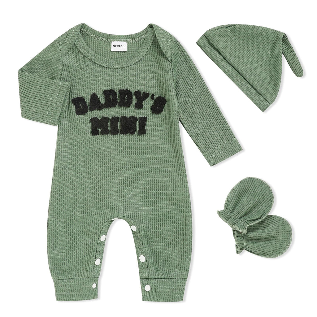 GRNSHTS Newborn Baby Boy Romper Coming Home Outfits Letter Print Bodysuit Jumpsuit+Hat+Gloves 3PCS Clothes Set