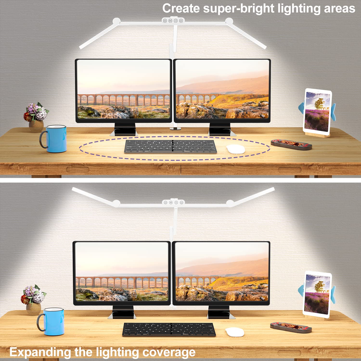 Micomlan Led Desk Lamp with Clamp, Architect Desk Lamp for Home Office with Atmosphere Lighting, 24W Ultra Bright Auto Dimming Computer Light Stepless Dimming and Tempering LED Table Light