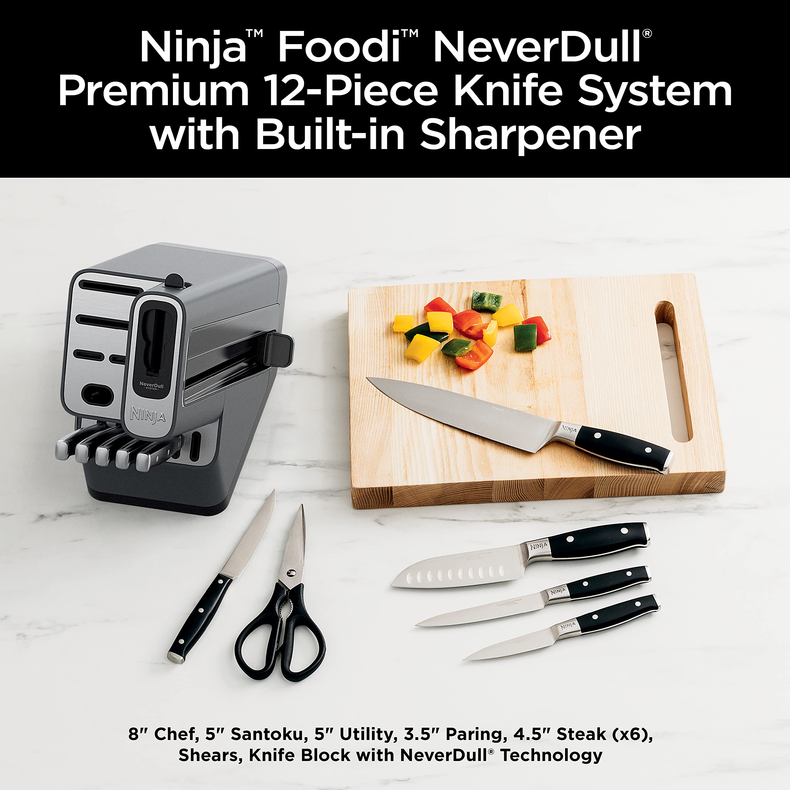 Ninja K32017 Foodi NeverDull Premium Knife System, 17 Piece Knife Block Set with Built-in Sharpener, German Stainless Steel Knives, Black