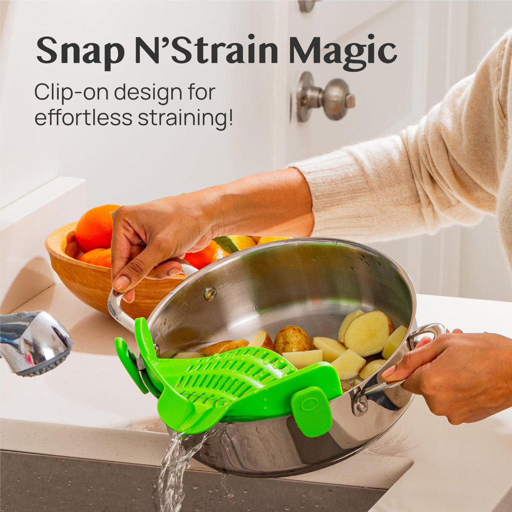 Kitchen Gizmo Snap N' Strain - Silicone Pasta Strainer Clip-On for Pots and Pans - Heat Resistant Colander for Vegetables and Noodles - Kitchen Gadgets for Cooking - Space-Saving Design - Gray