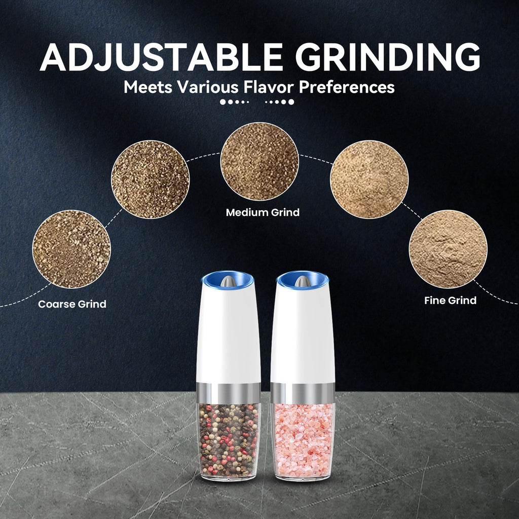 UNNEES Gravity Electric Salt and Pepper Grinder set of 2, Automatic Salt And Pepper Grinder Set, Adjustable Roughness, Battery Powered, LED Light, 2 Pack, (Black)
