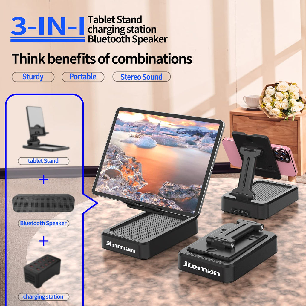 JTEMAN Cell Phone Stand with Bluetooth Speaker, HD Stereo Sound & Anti-Slip Base, Foldable Adjustable Desktop Phone Holder for Home Office, Cool Tech Gadgets Birthday Gifts for Men Women (Black)